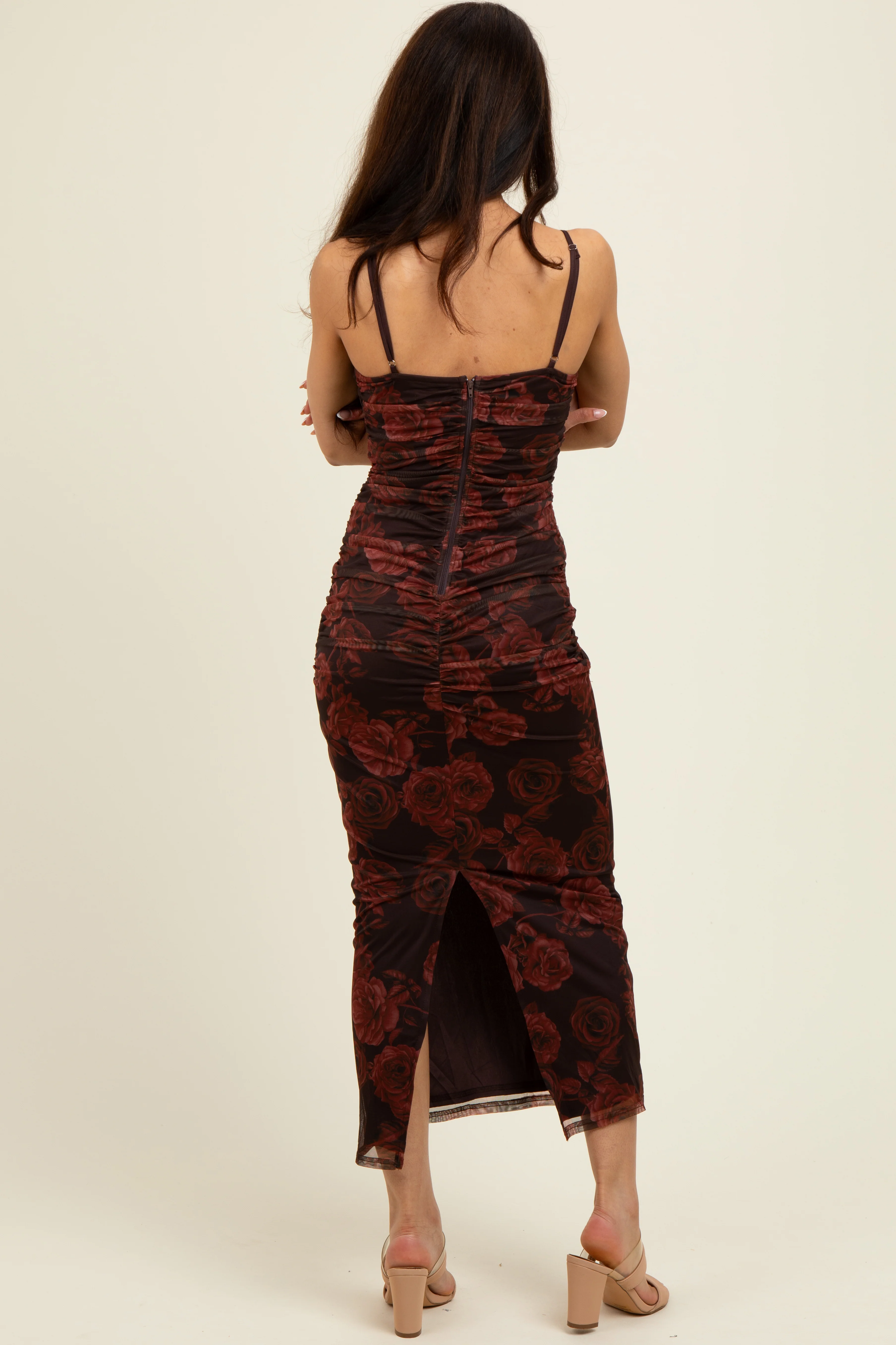 Brown Rose Print Mesh Overlay Ruched Midi Dress - Image 4