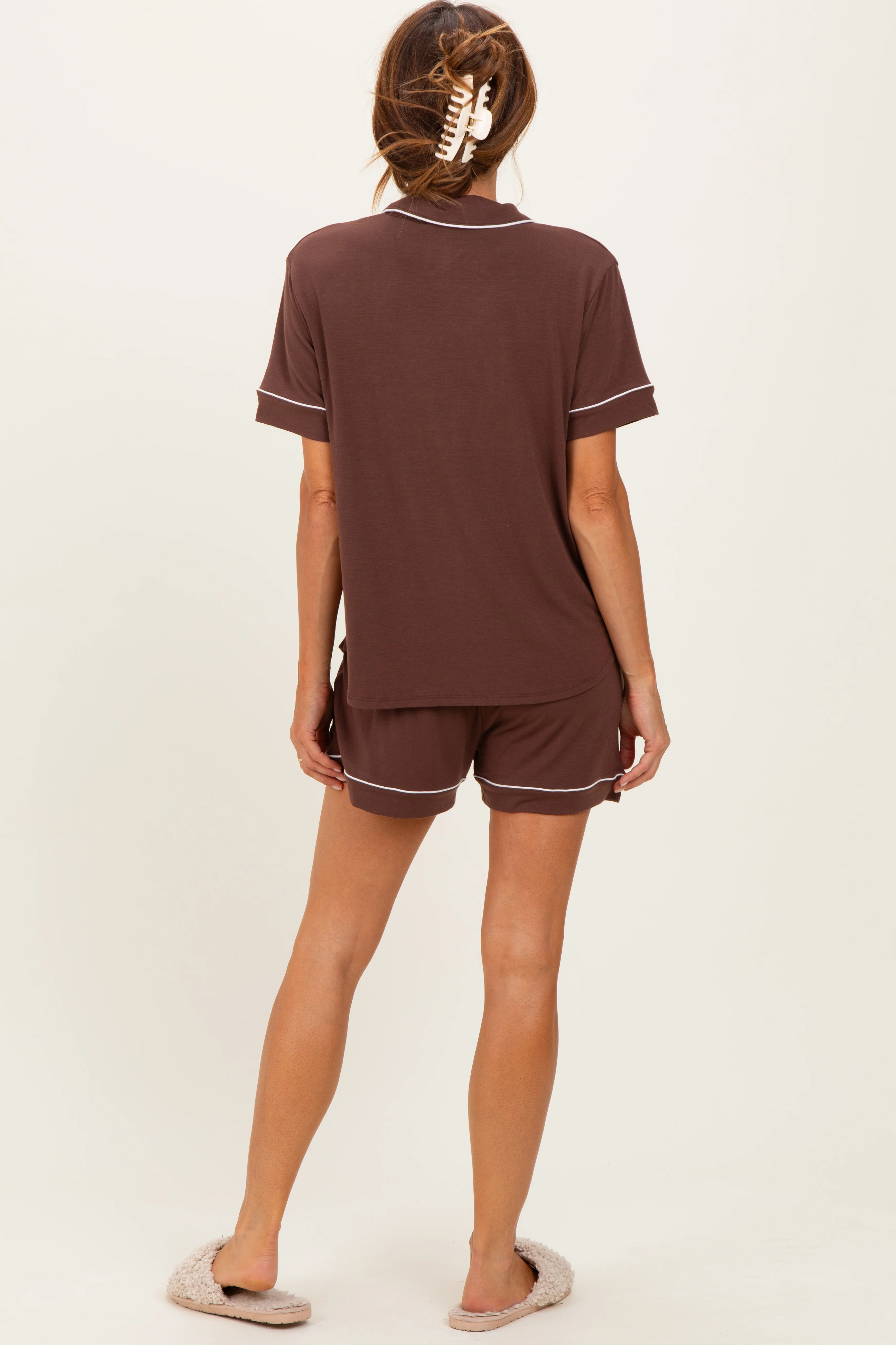 Brown Short Sleeve Button Down Shirt Shorts Set - Image 4