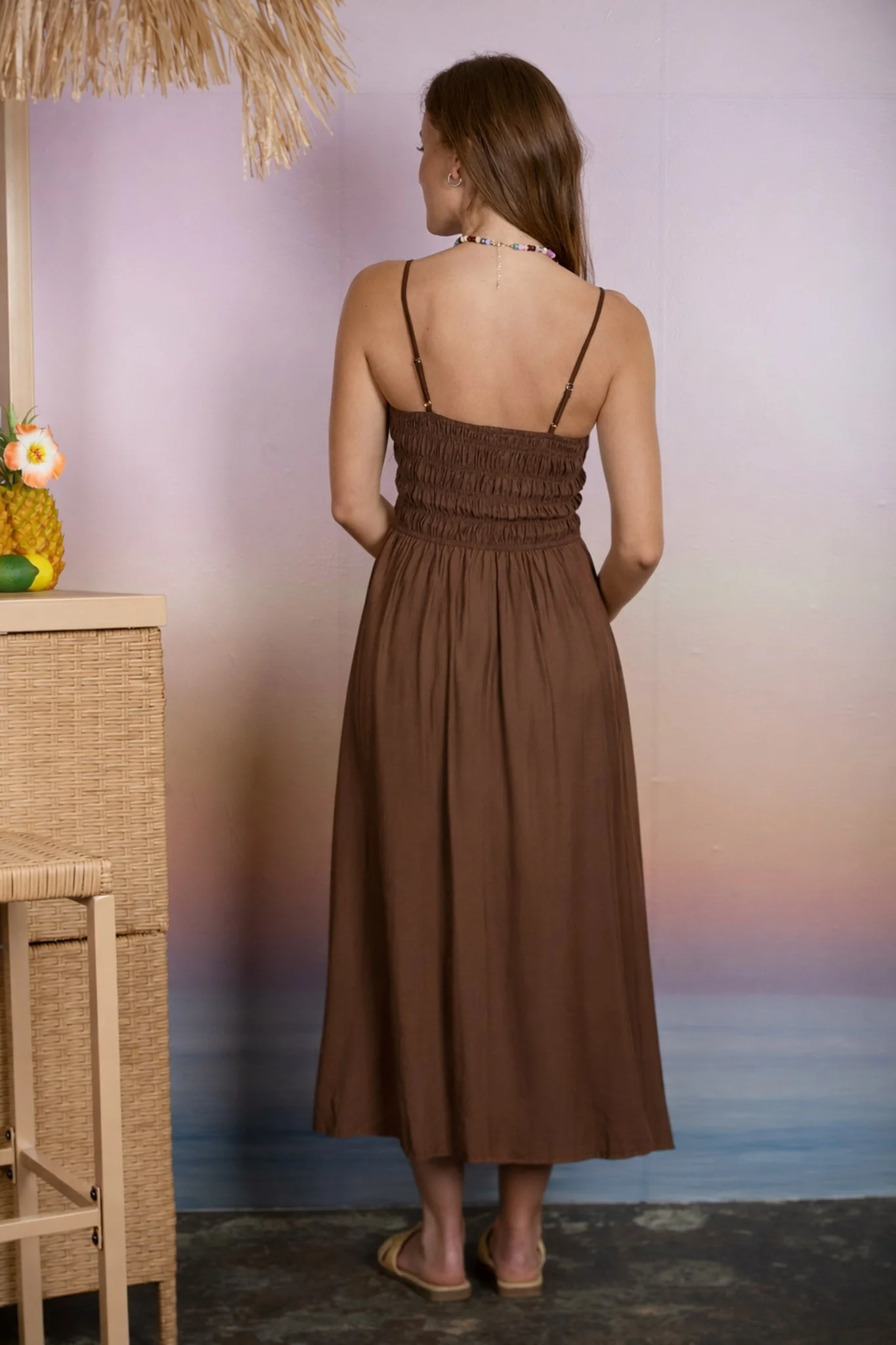 Brown Smocked Thin Strap Midi Dress - Image 3