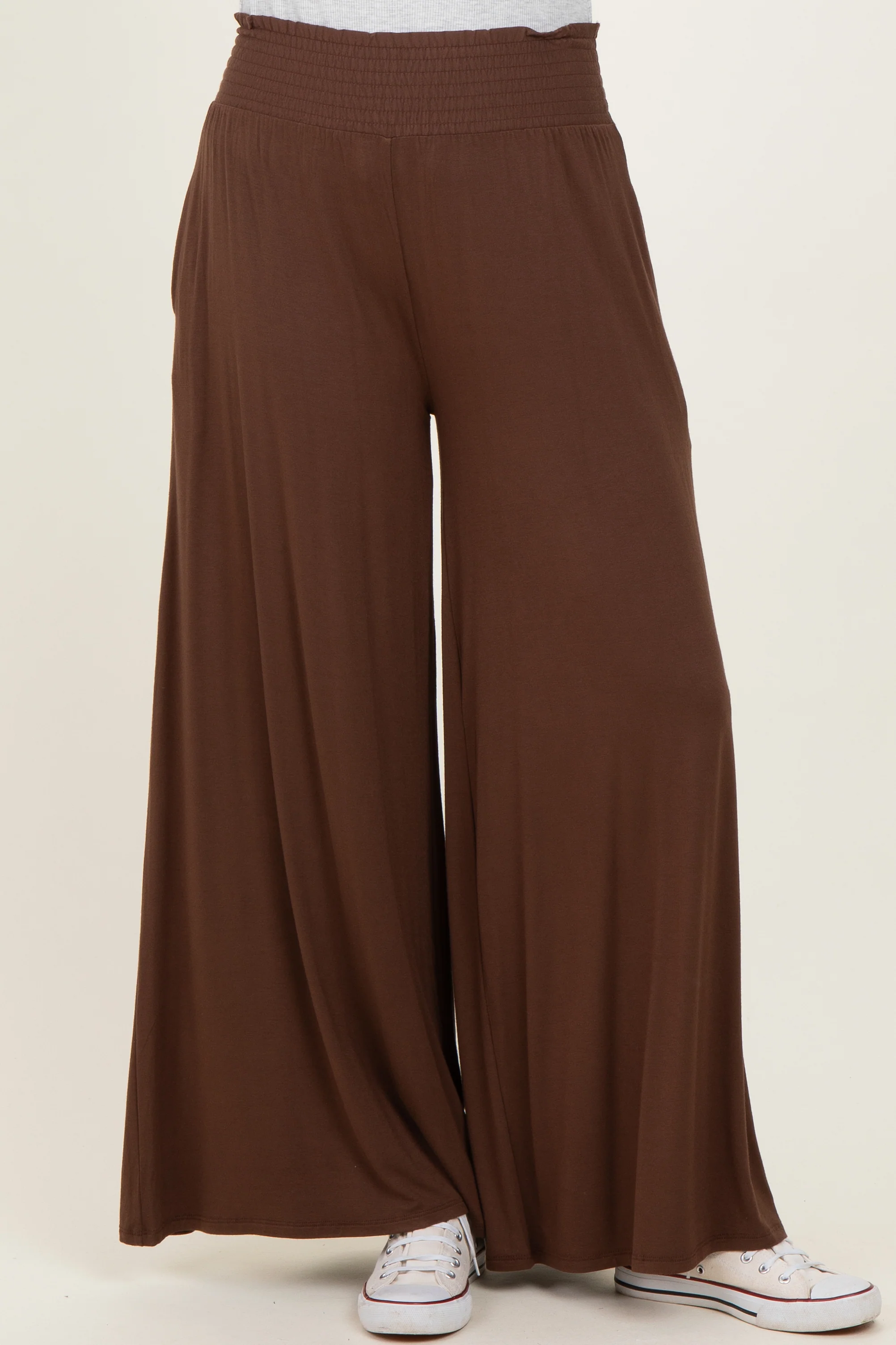 Brown Smocked Waist Wide Leg Pants - Image 3
