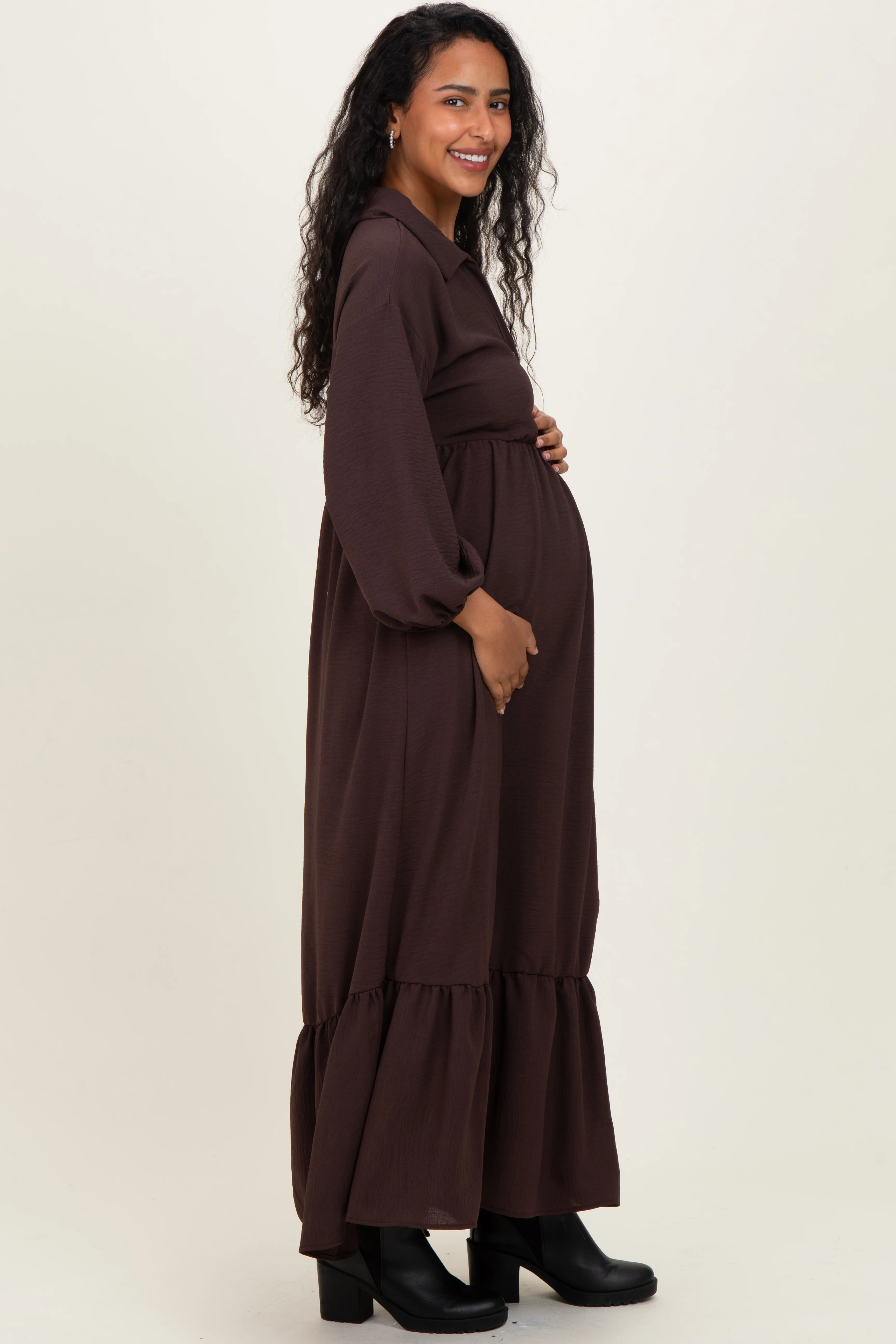 Brown Solid Long Sleeve Button Down Tiered Collared Maternity Dress - Image 3