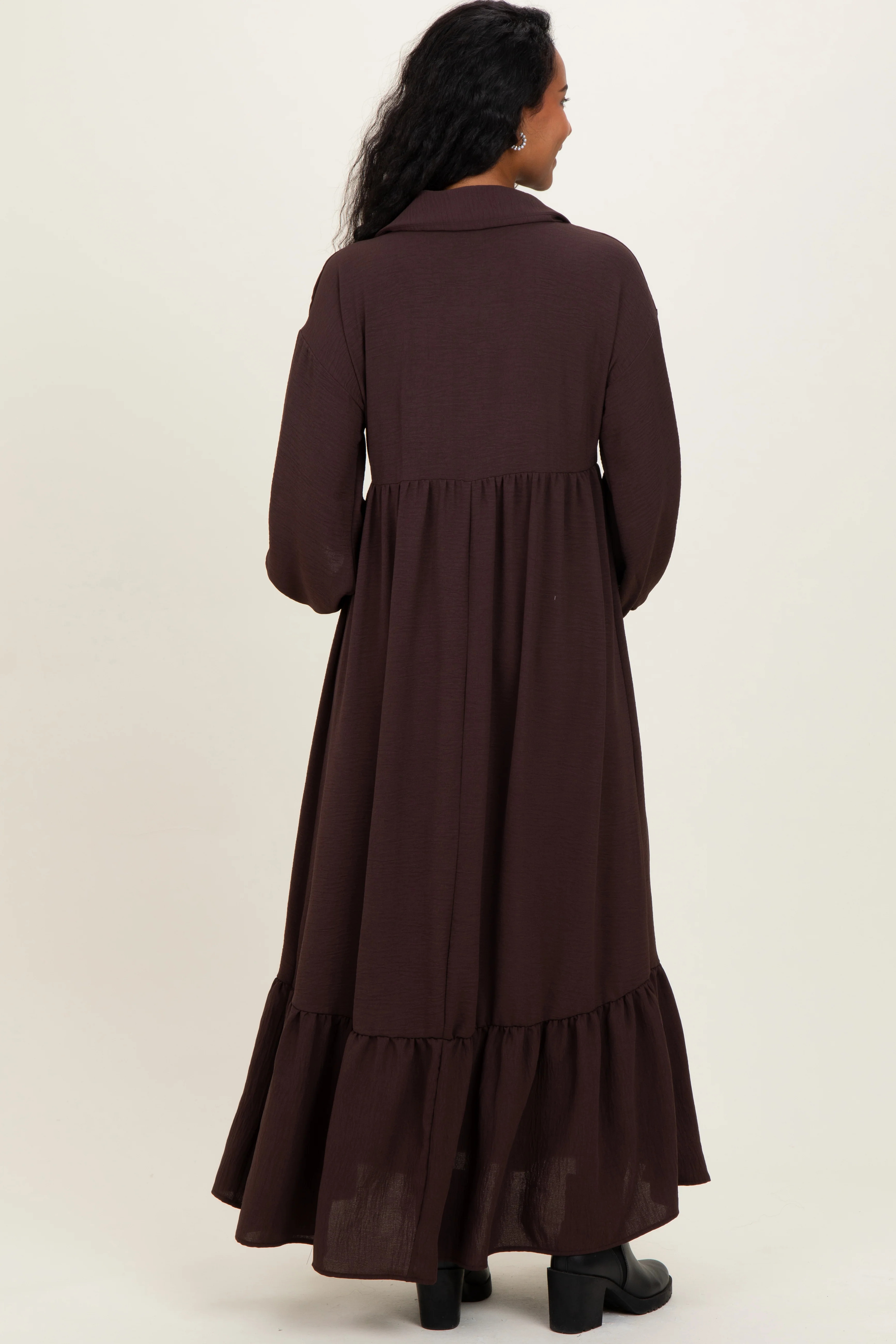 Brown Solid Long Sleeve Button Down Tiered Collared Maternity Dress - Image 4