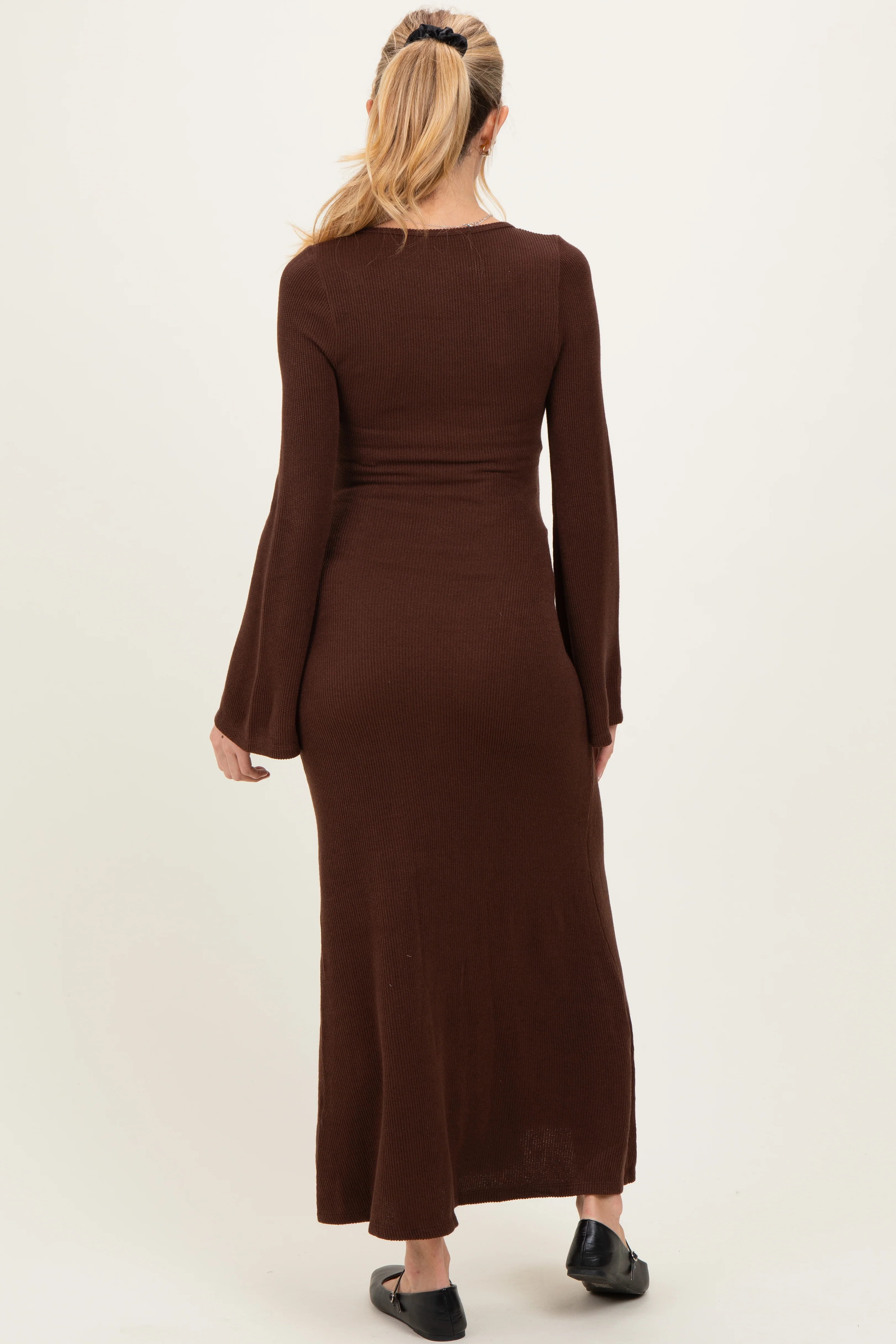 Brown Solid Ribbed Long Sleeve Square Neck Maternity Maxi Dress - Image 4