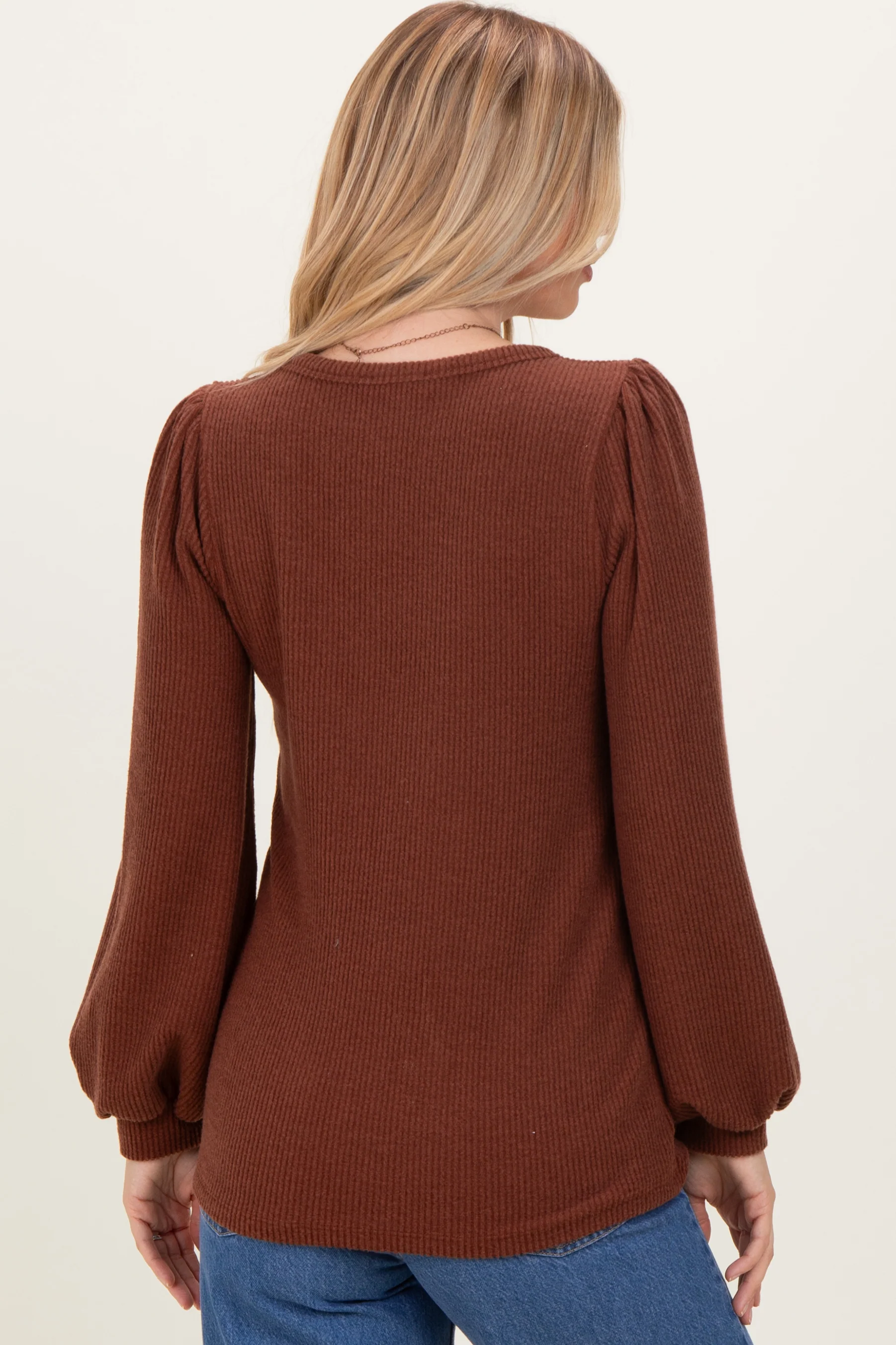 Brown Solid Ribbed Long Sleeve V-Neck Tunic Top - Image 4