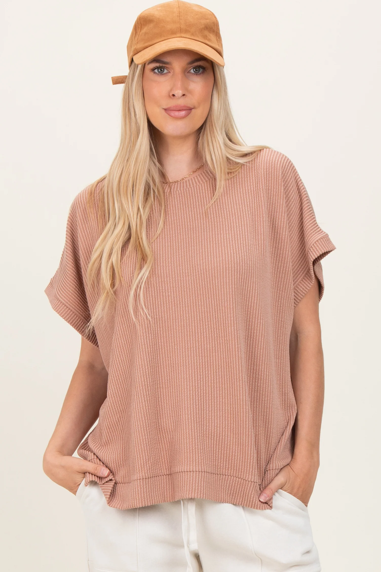 Brown Solid Ribbed Short Sleeve Oversized Maternity Tunic Top - Image 3