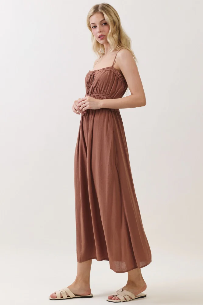 Brown Solid Smocked Maxi Dress - Image 2