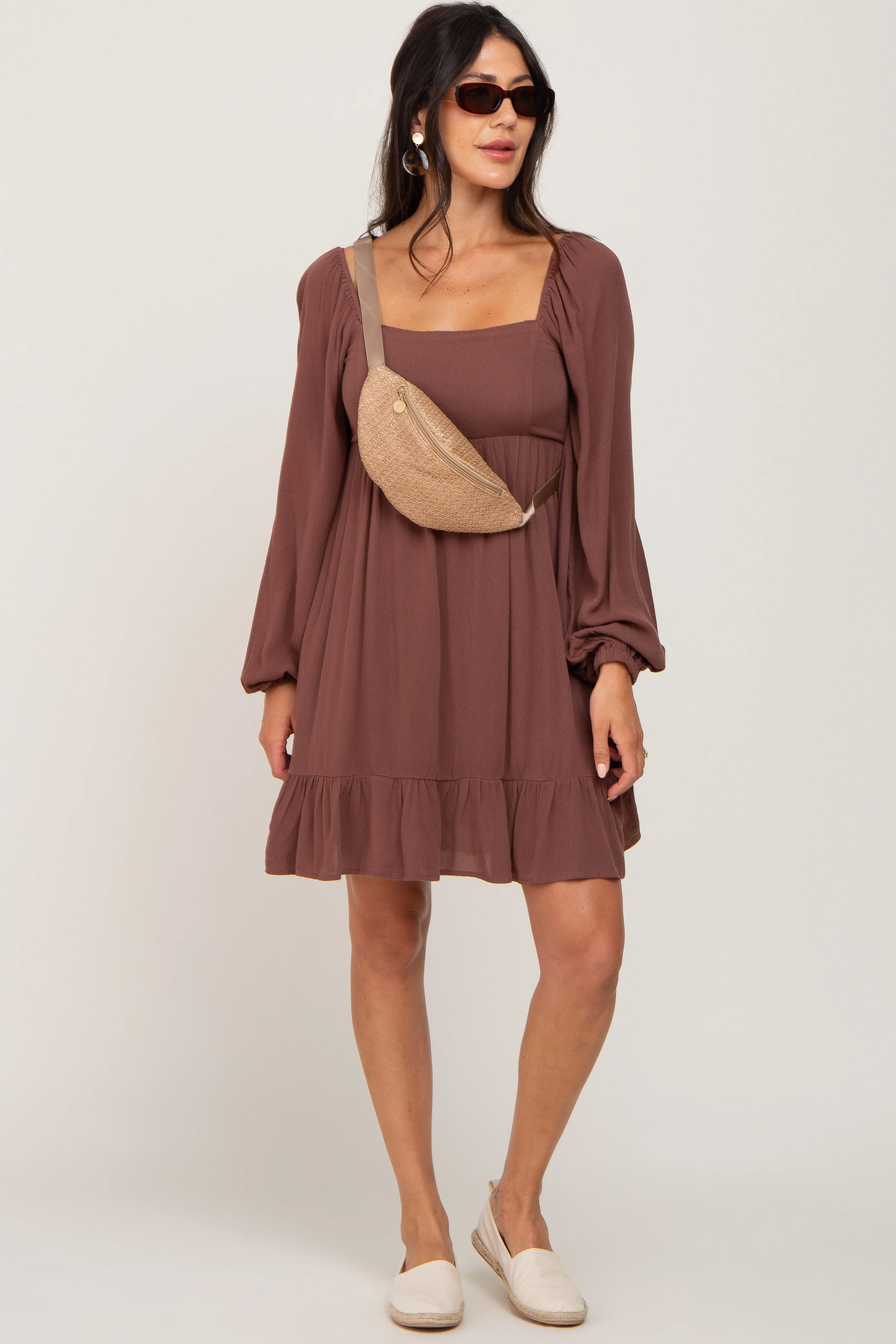 Brown Square Neck Puff Long Sleeve Dress - Image 6