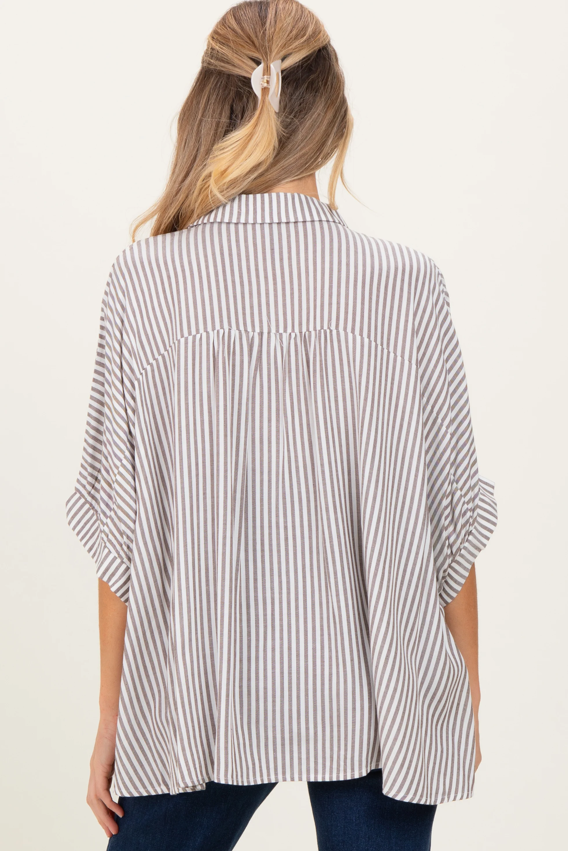 Brown Striped Button Up Dolman Maternity Top - Image 3