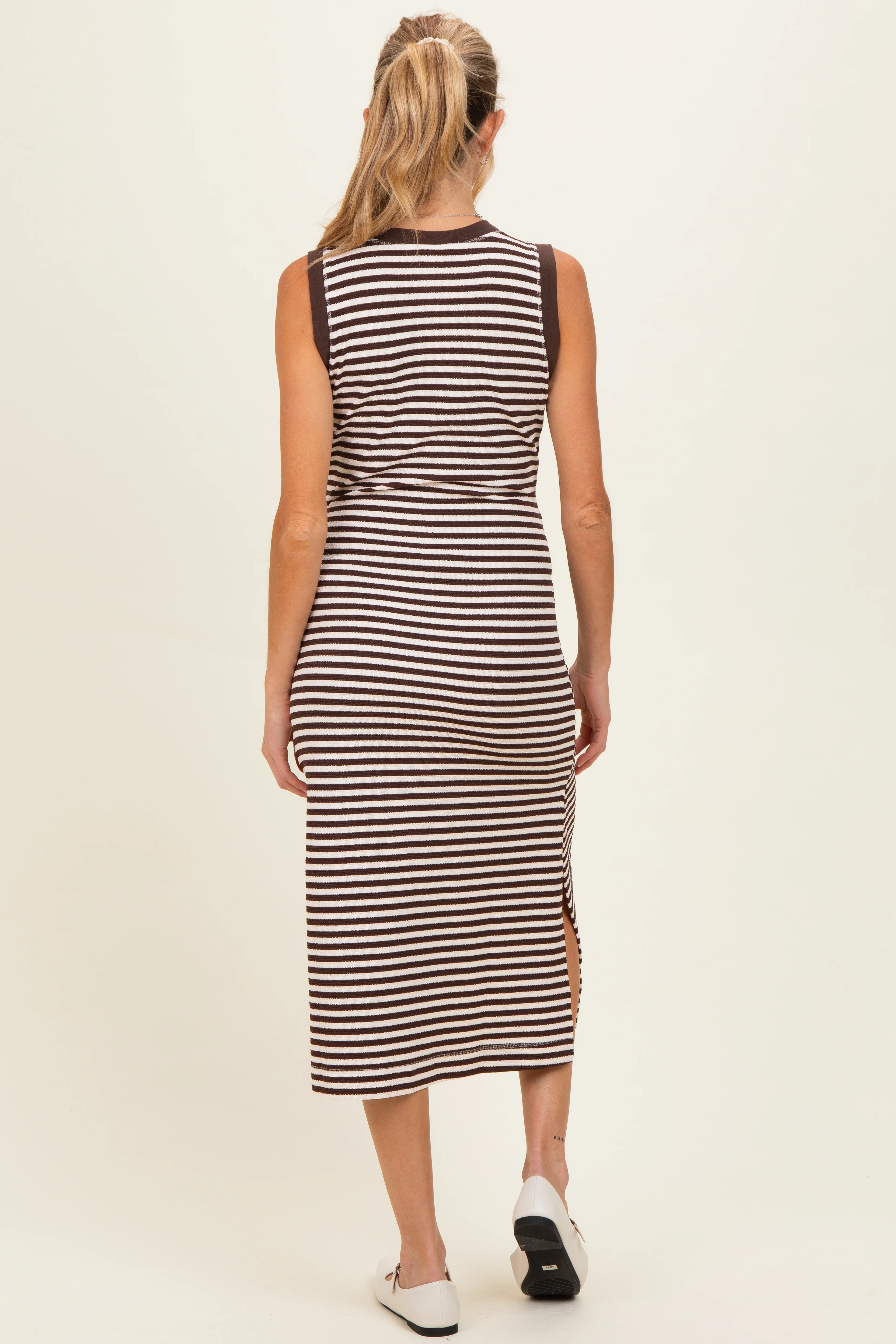 Brown Striped Knit Maternity Midi Henley Tank Dress - Image 3