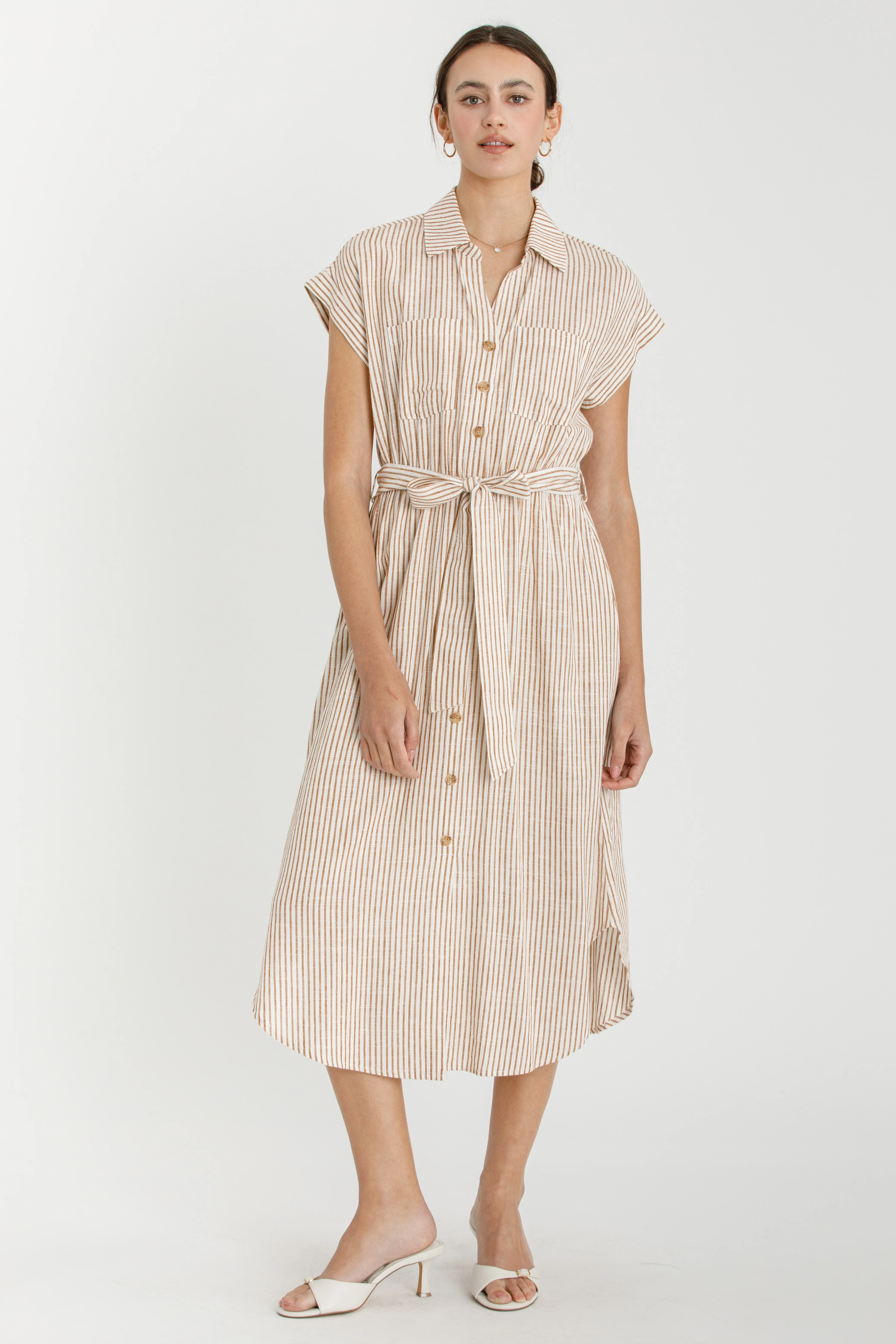 Brown Striped Sash Tie Midi Shirt Dress