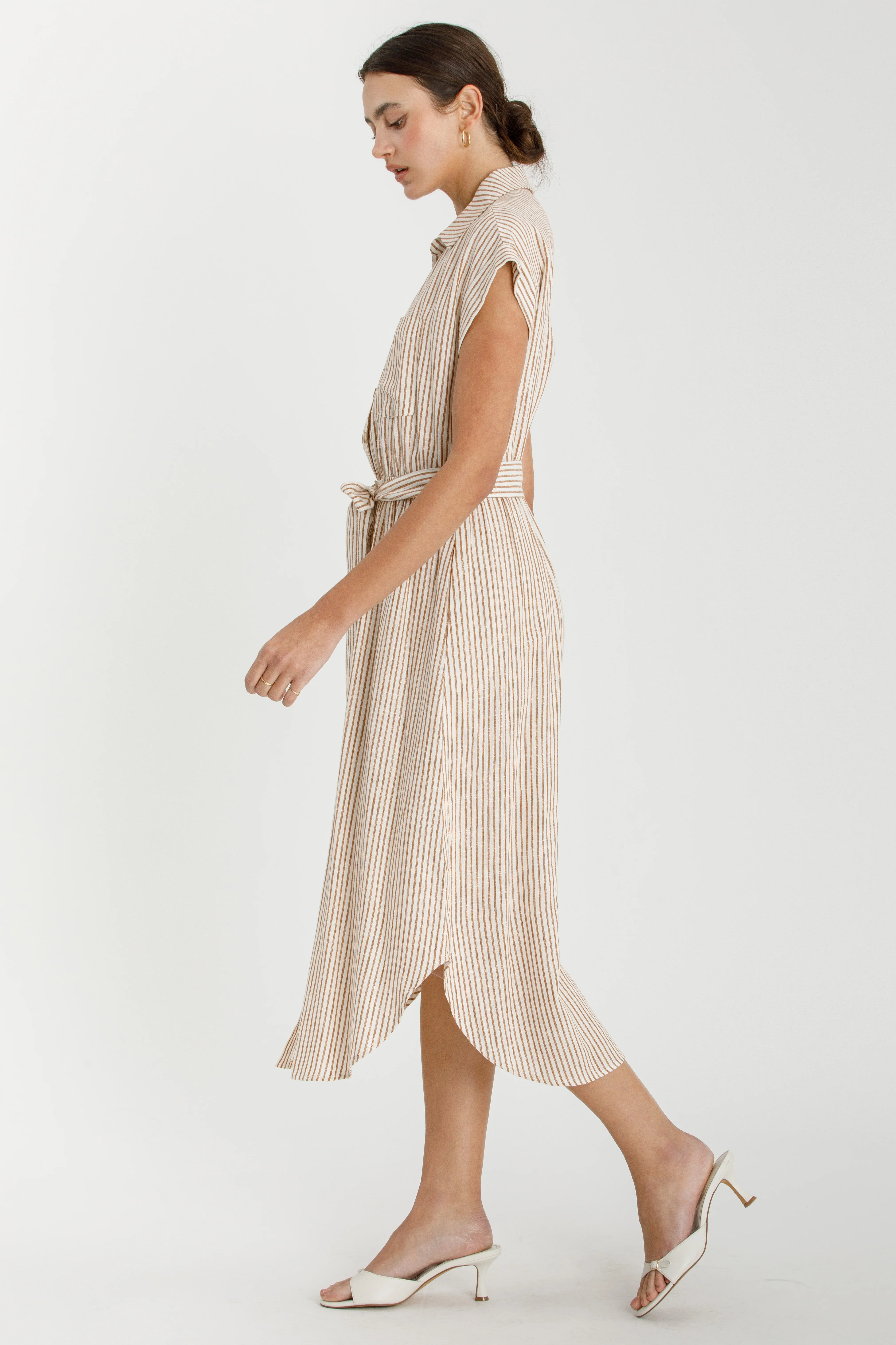 Brown Striped Sash Tie Midi Shirt Dress - Image 2