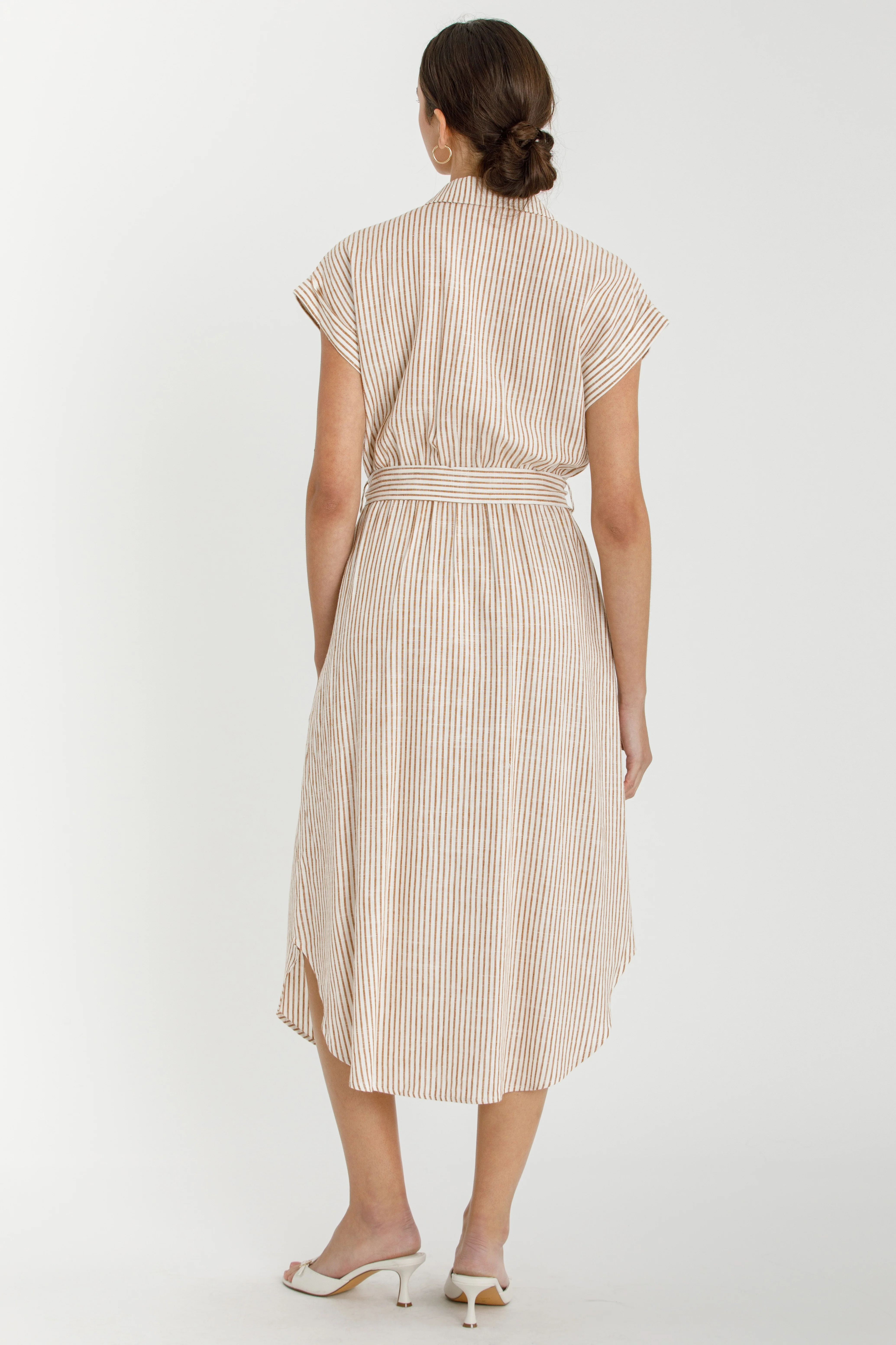 Brown Striped Sash Tie Midi Shirt Dress - Image 3