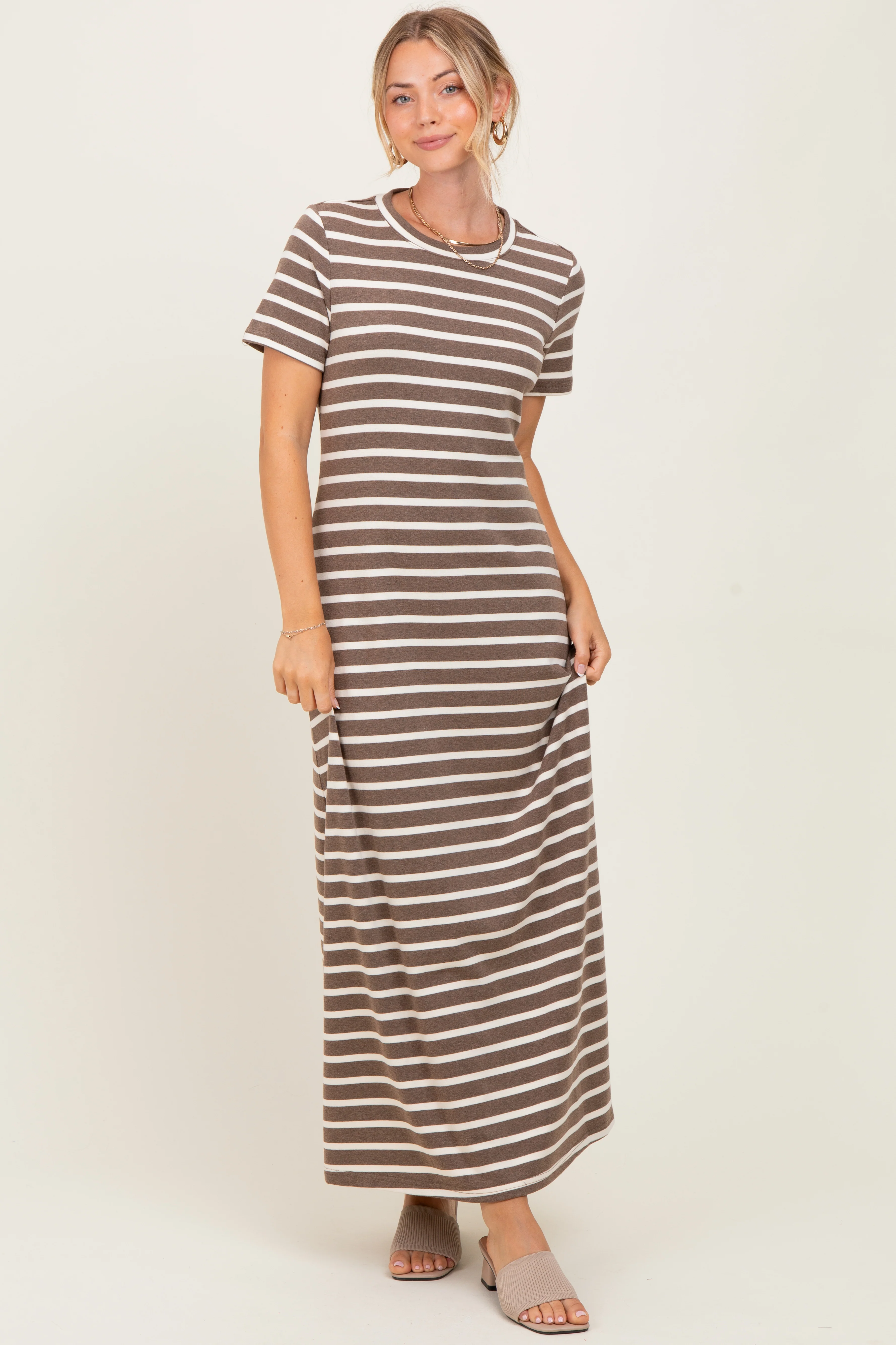 Brown Striped Short Sleeve Maternity Midi Dress - Image 4