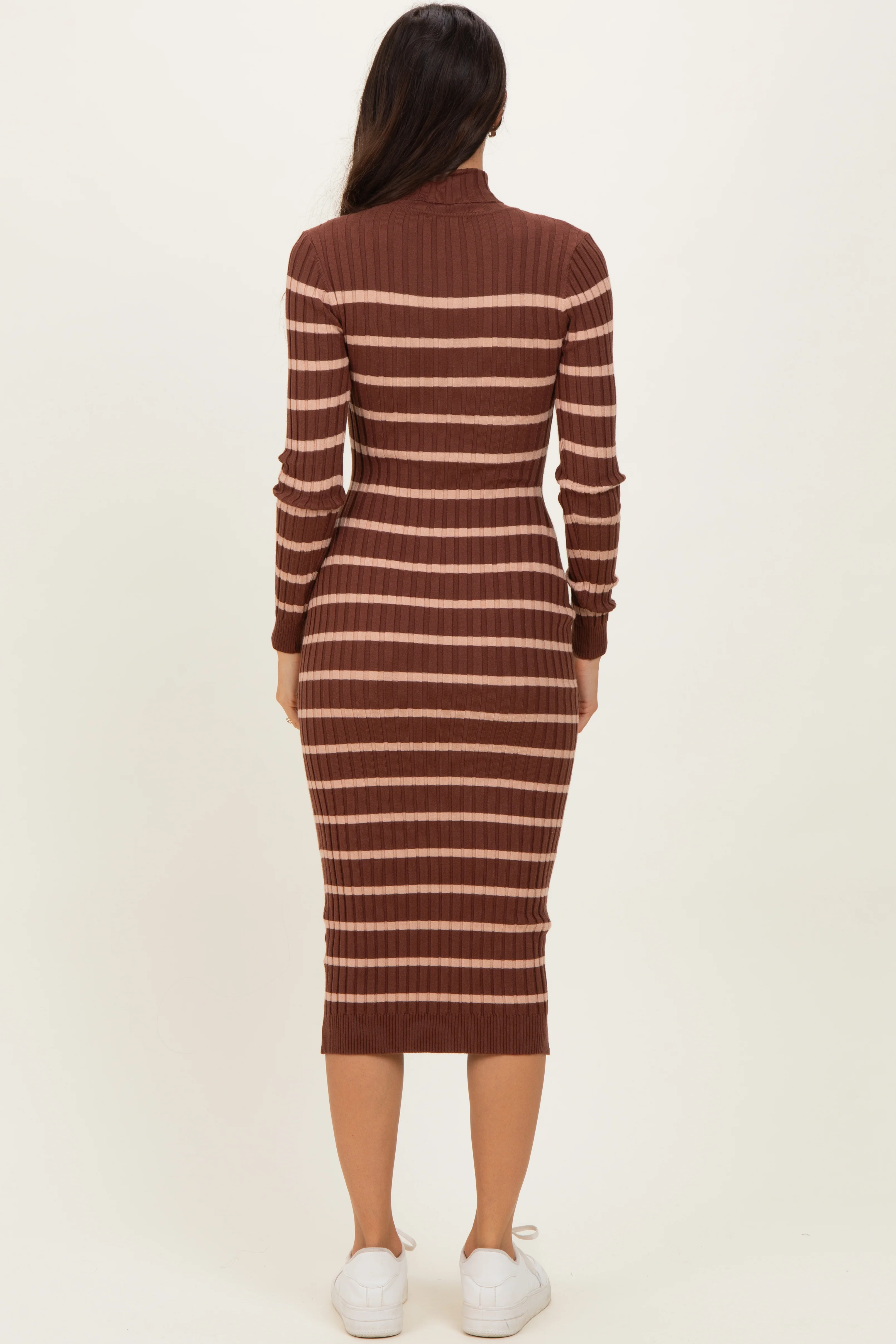 Brown Striped Turtleneck Midi Sweater Dress - Image 4