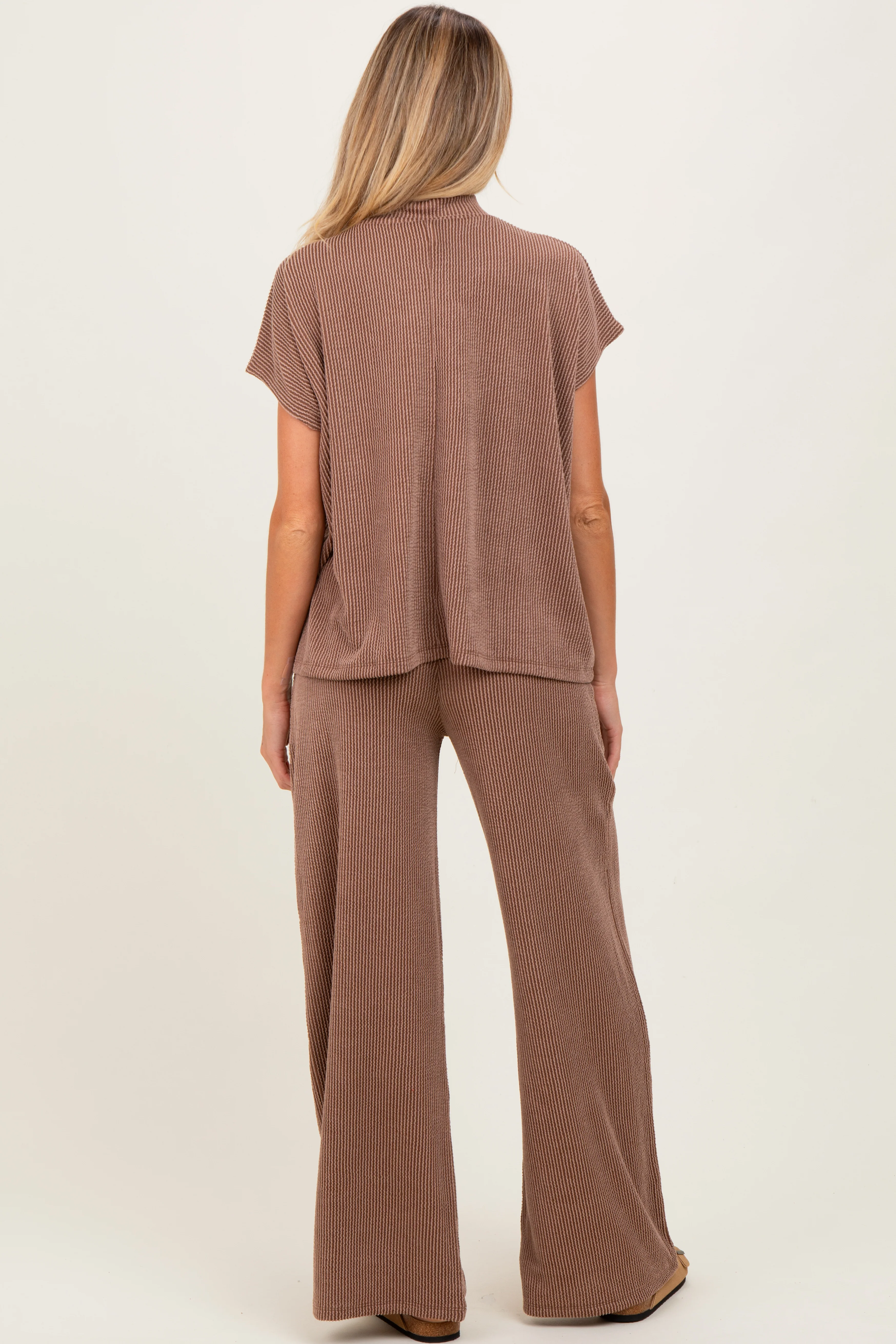 Brown Textured Rib Mock Neck Short Sleeve Pant Maternity Set - Image 3