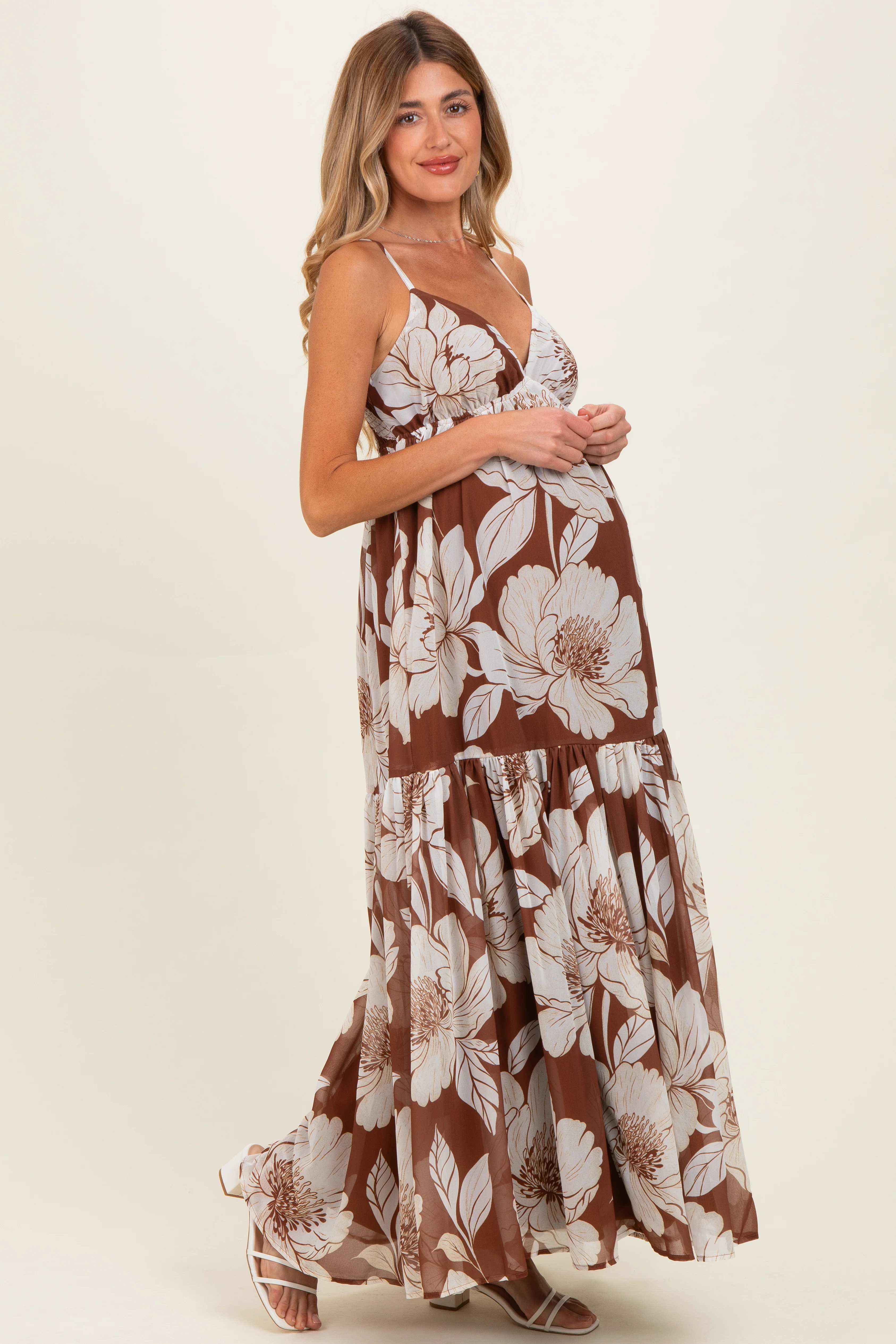 Brown Tropical Floral Maternity Maxi Dress - Image 2