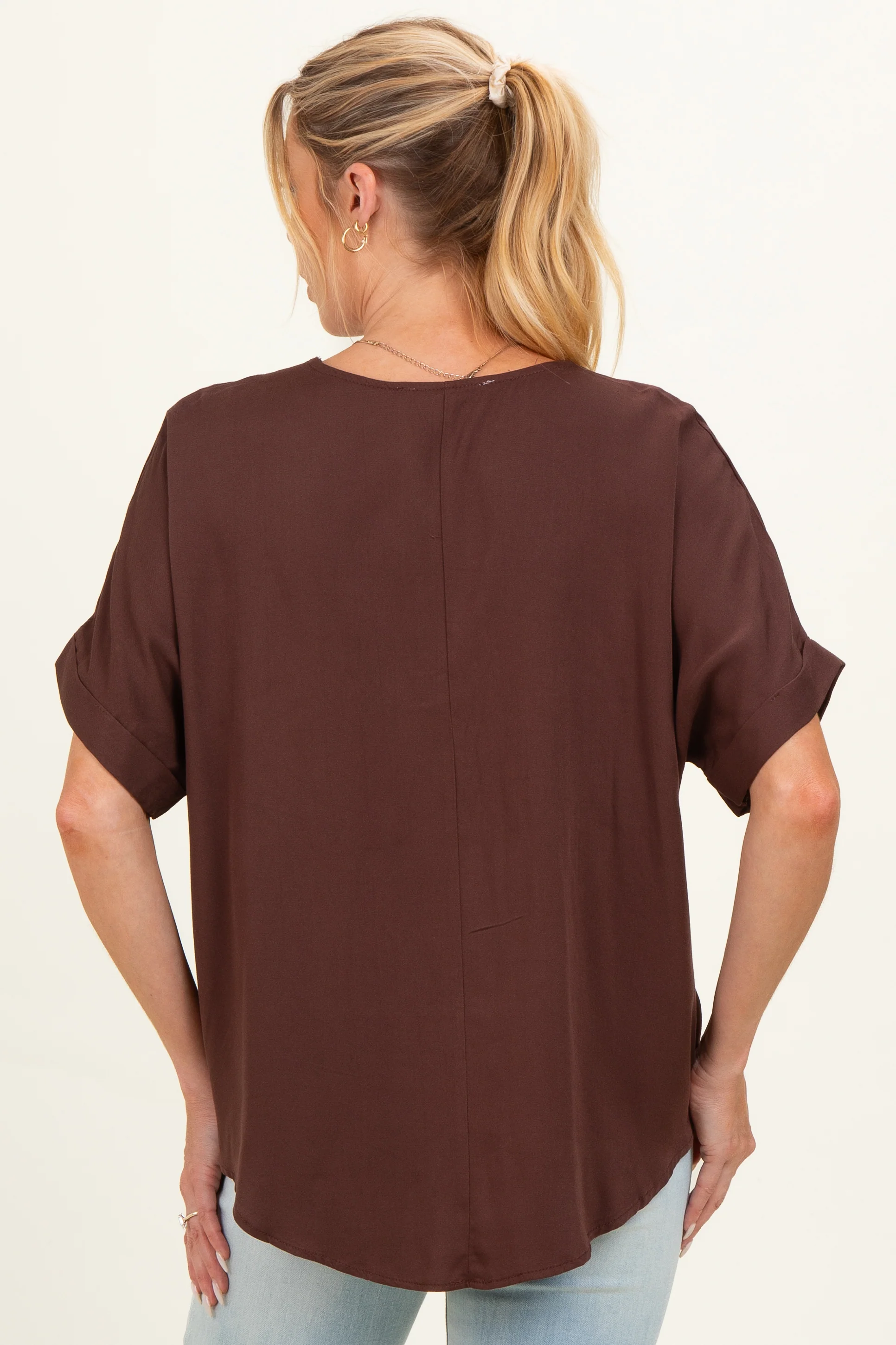 Brown V-Neck Pin-Tuck Detail Maternity Top - Image 3