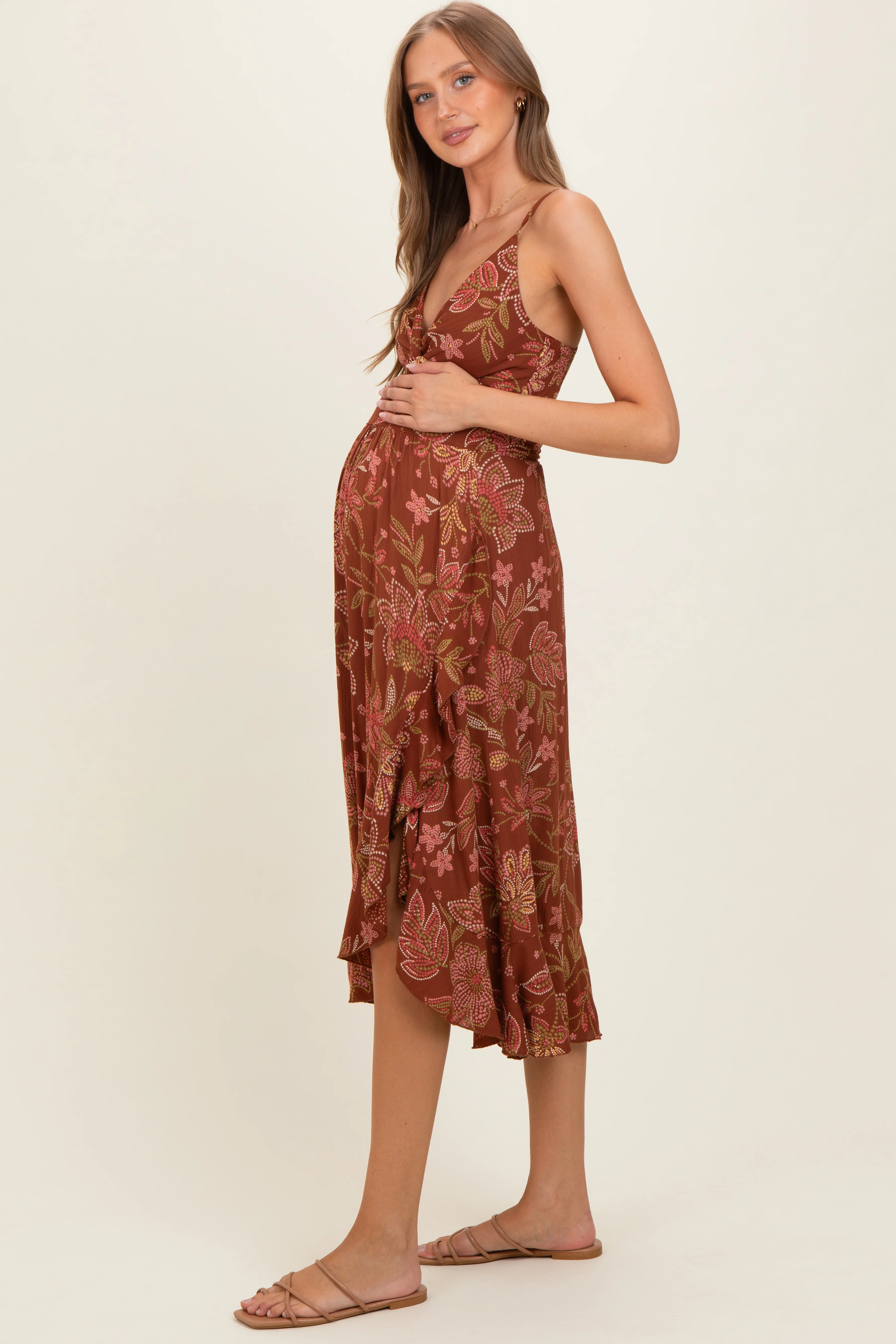 Brown V Neck Twist Front Cut Out Side Ruffle Slit Maternity Midi Dress - Image 2