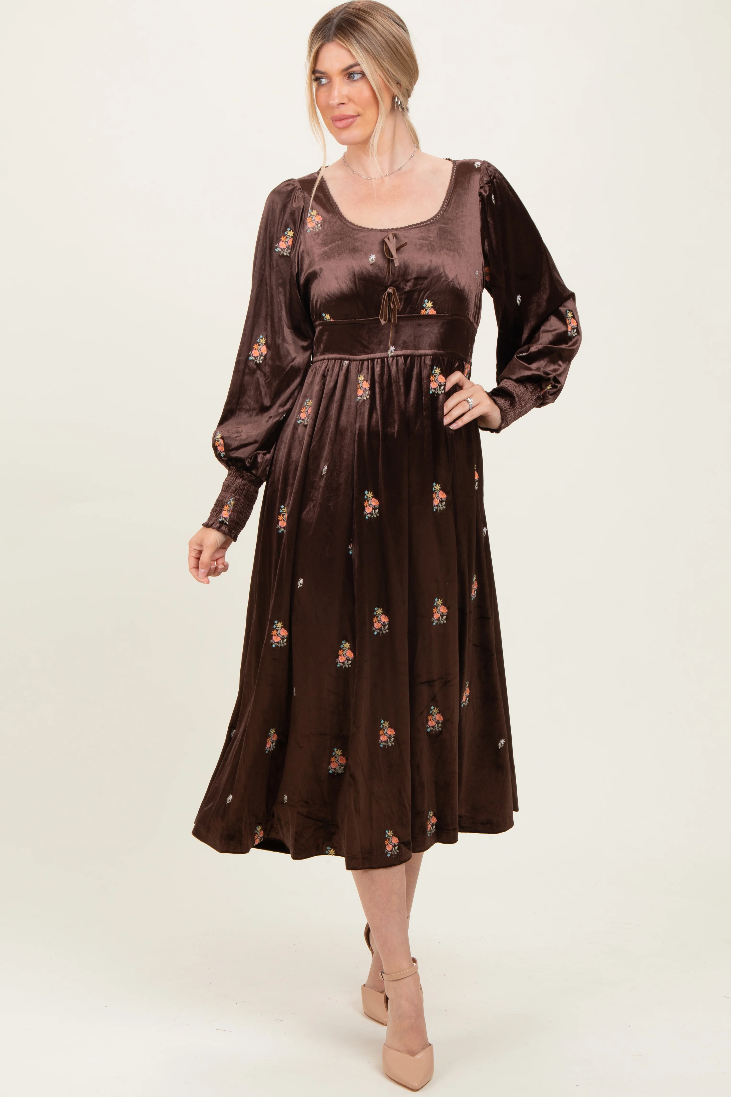 Brown Velvet Embroidered Floral Midi Dress