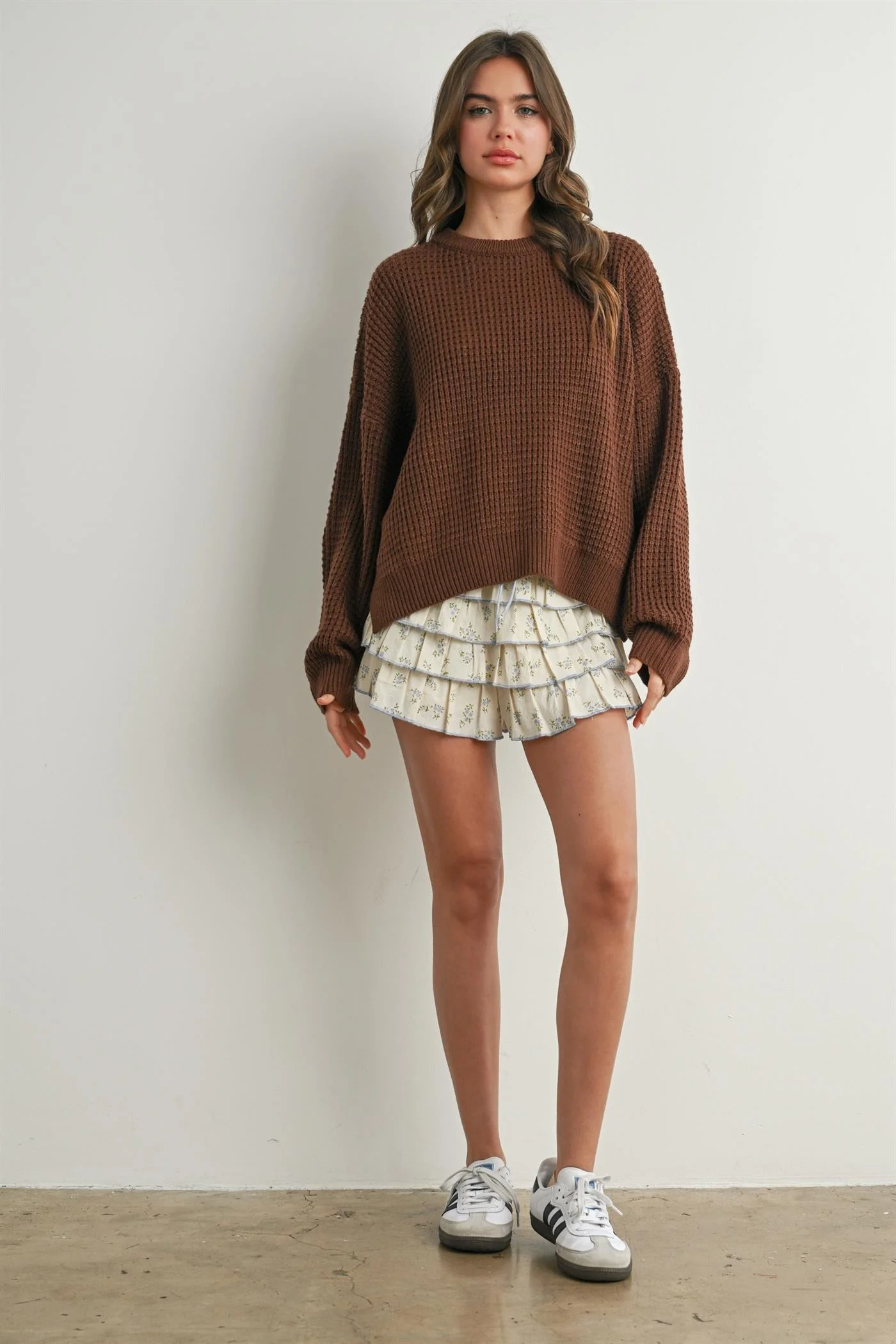 Brown Waffle Knit Side Slit Sweater - Image 5