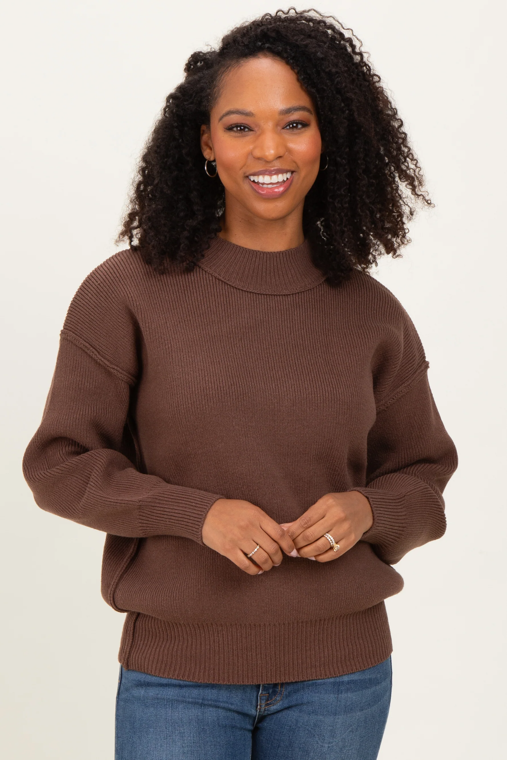 Brown Wide Neck Drop Shoulder Maternity Sweater - Image 9