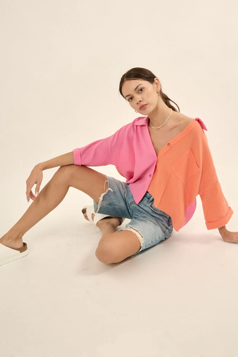 Bubble Gum Color Block Crinkle Cotton Raw Edge Hem Shirt - Image 4