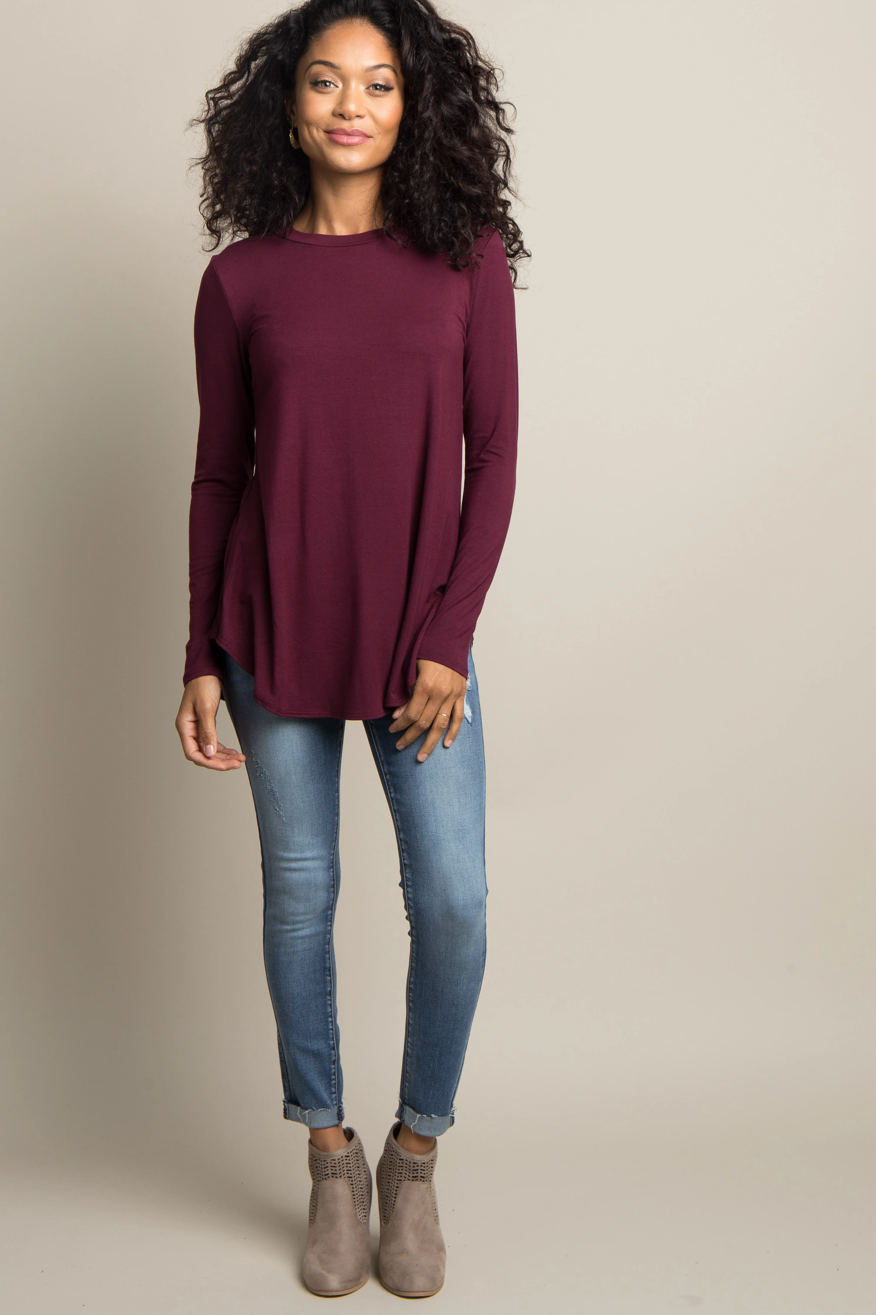 Burgundy Basic Long Sleeve Top - Image 4