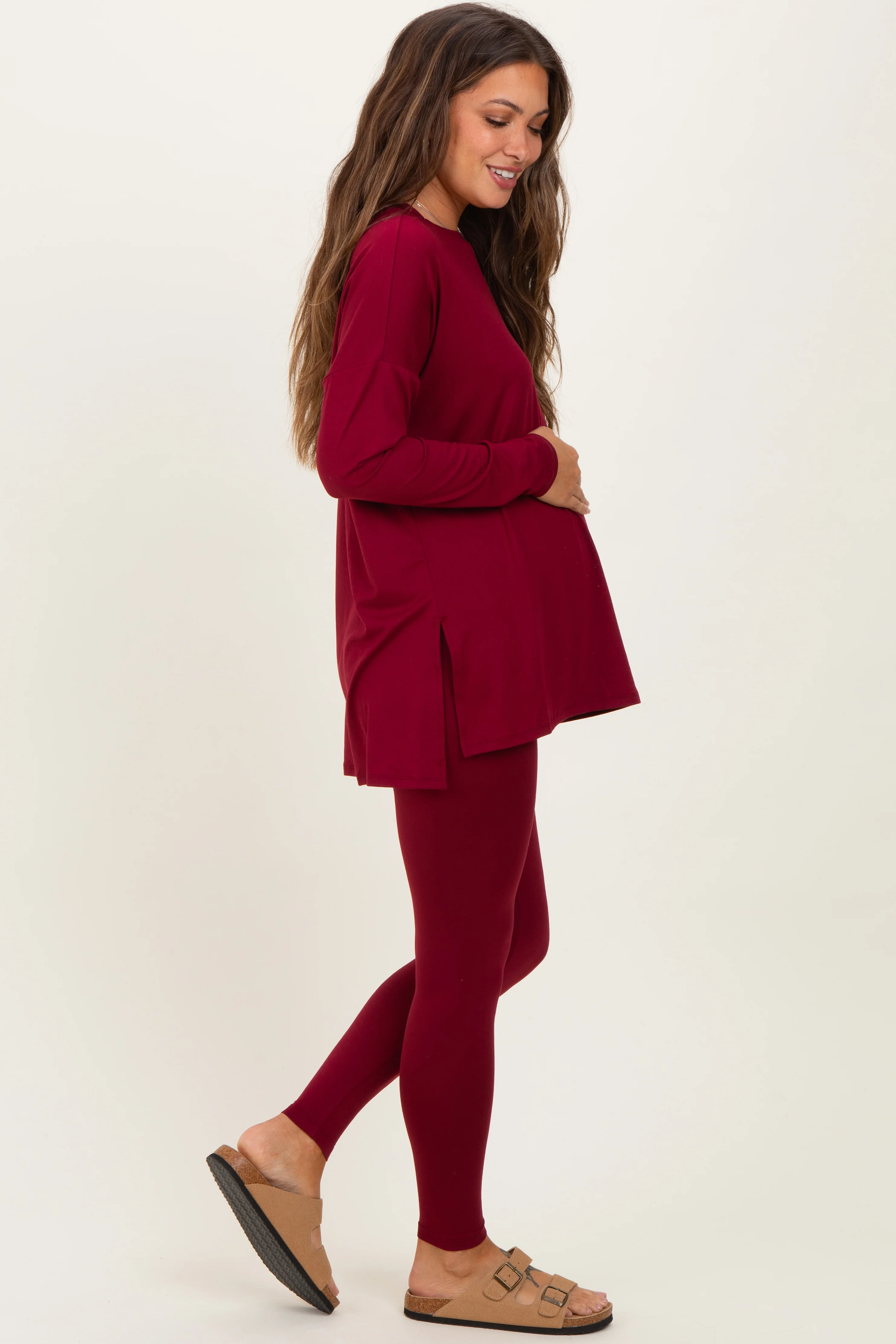 Burgundy Brushed Knit Oversized Top and Legging Maternity Set - Image 3