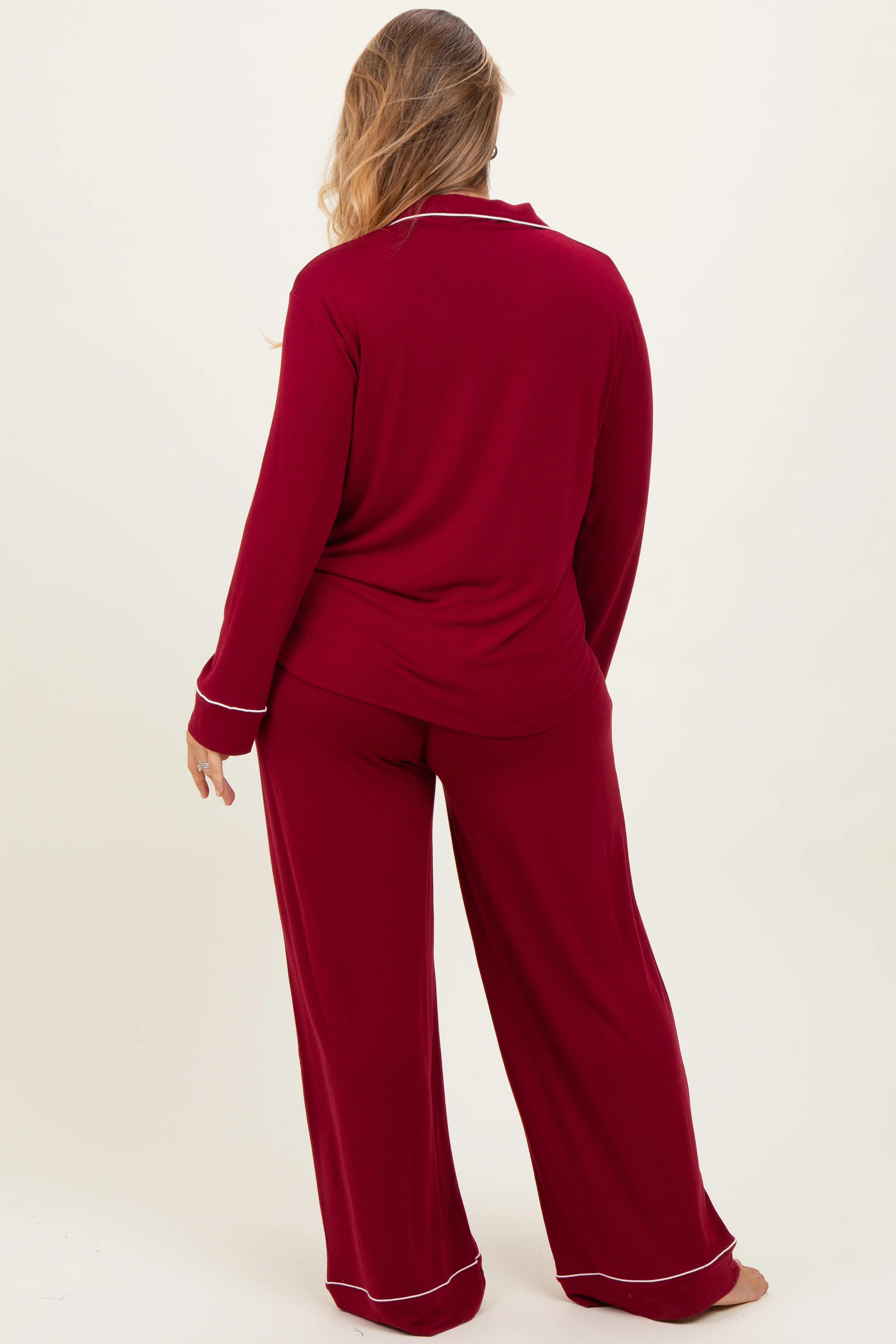 Burgundy Button Down Top Wide Leg Pant Maternity Plus Pajama Set - Image 4