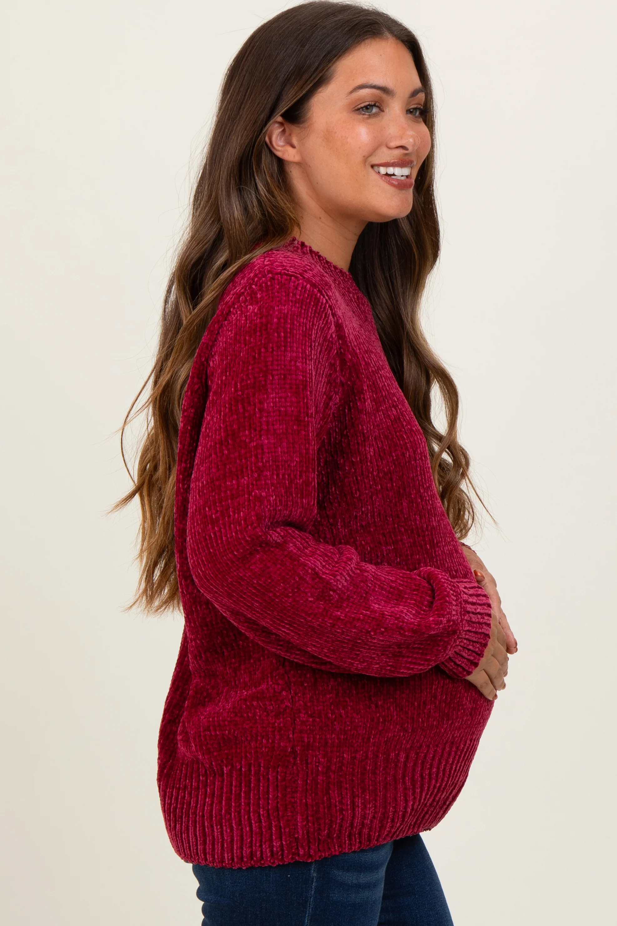 Burgundy Chenille Knit Balloon Sleeve Maternity Sweater - Image 3