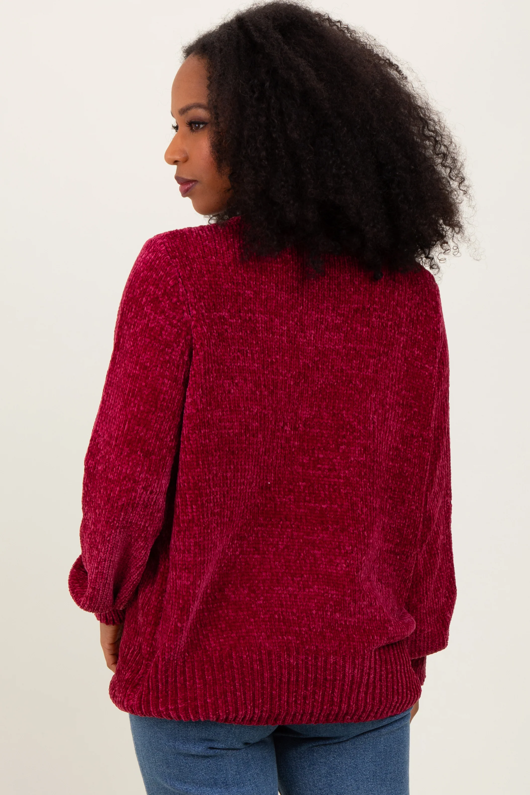 Burgundy Chenille Knit Balloon Sleeve Sweater - Image 4