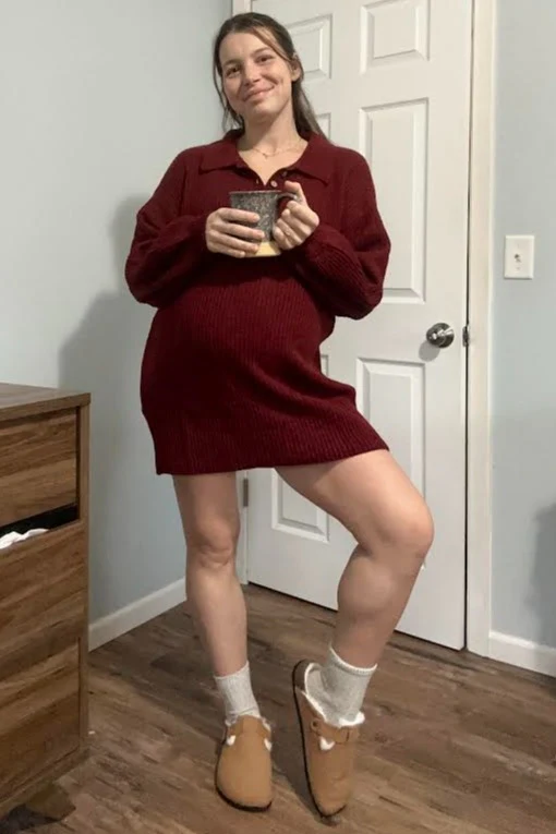 Burgundy Collared Button Front Maternity Sweater Dress - Image 5