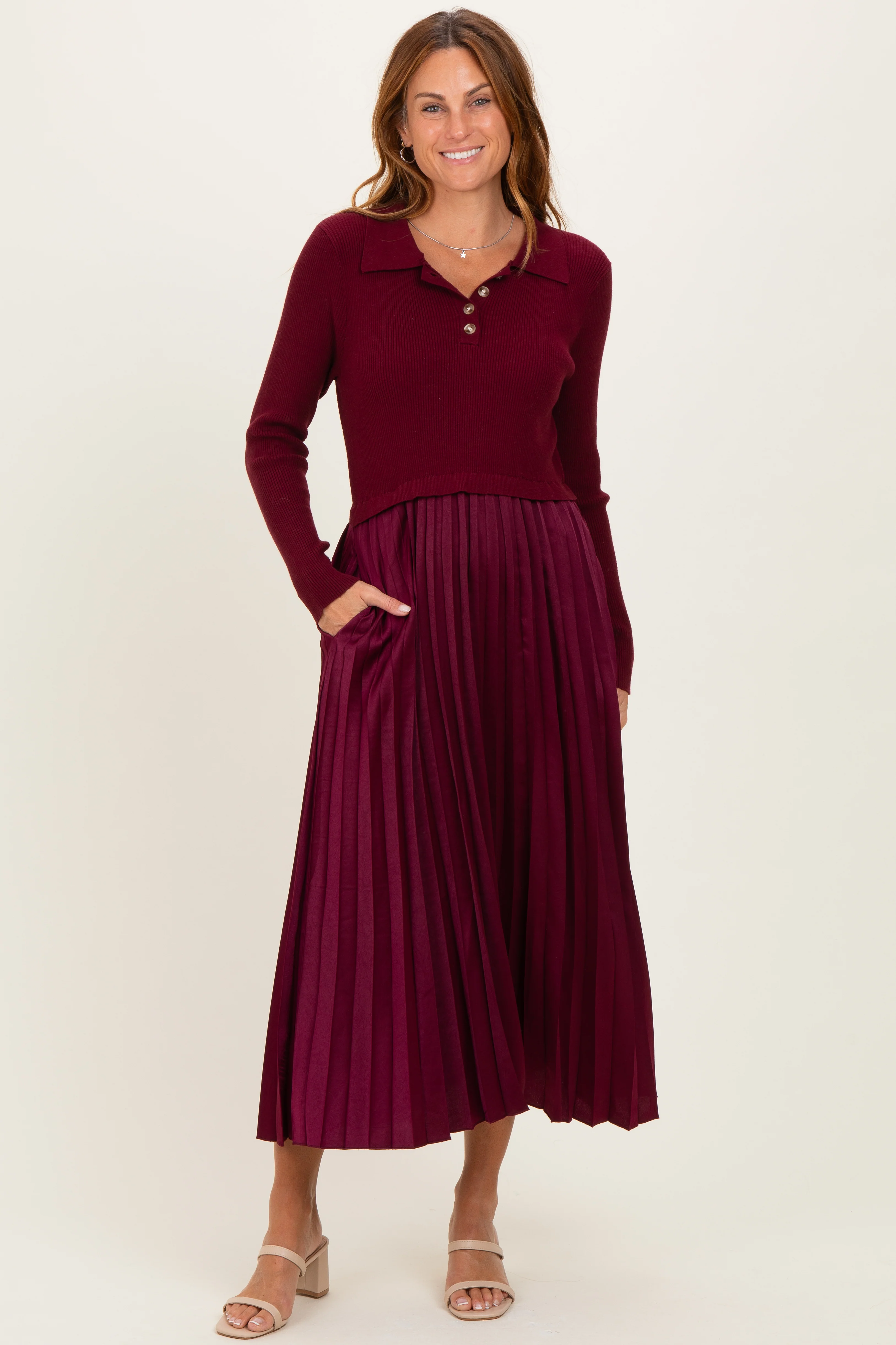 Burgundy Collared Knit Contrast Pleated Skirt Maternity Midi Dress - Image 4