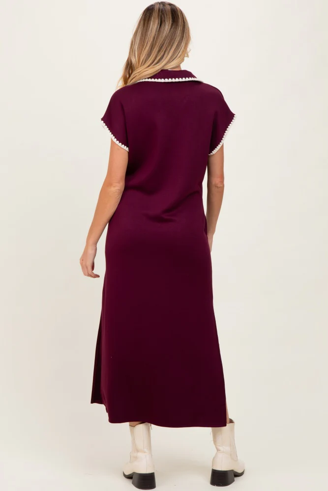 Burgundy Collared Stitch Detail Short Sleeve Maternity Midi Dress - Image 3
