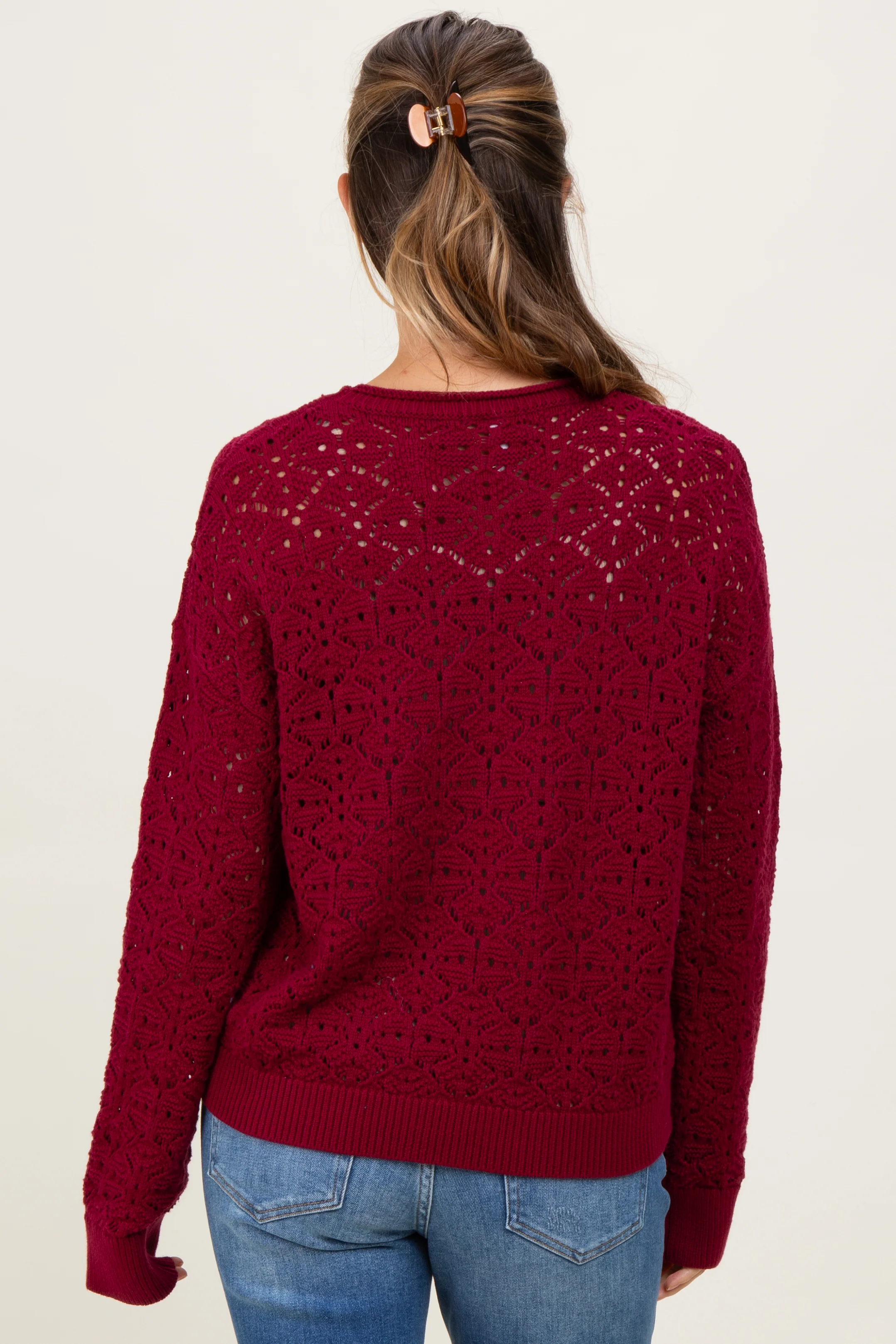 Burgundy Crochet Knit Drop Shoulder Maternity Sweater - Image 3