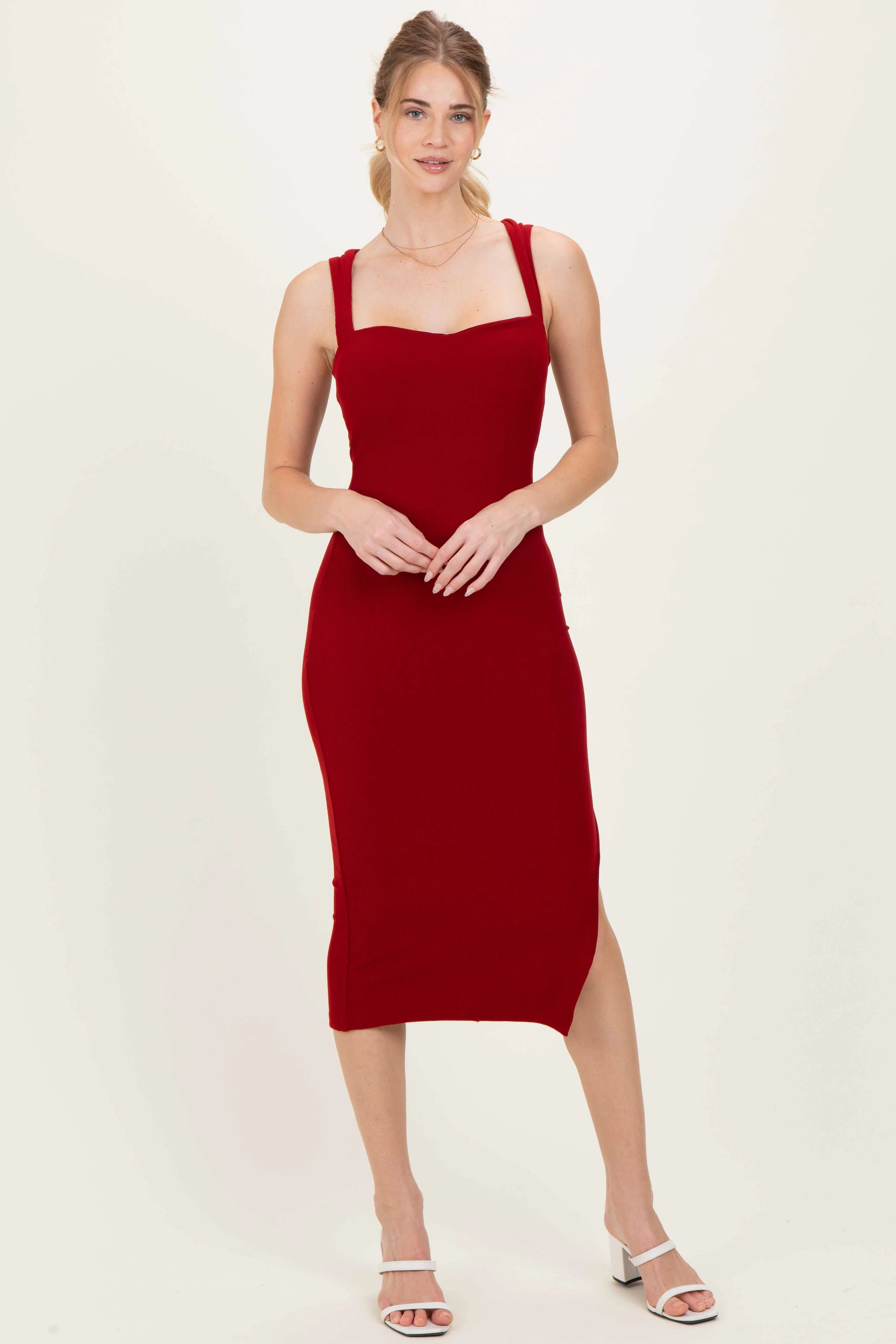 Burgundy Cutout Fitted Maternity Midi Dress - Image 5