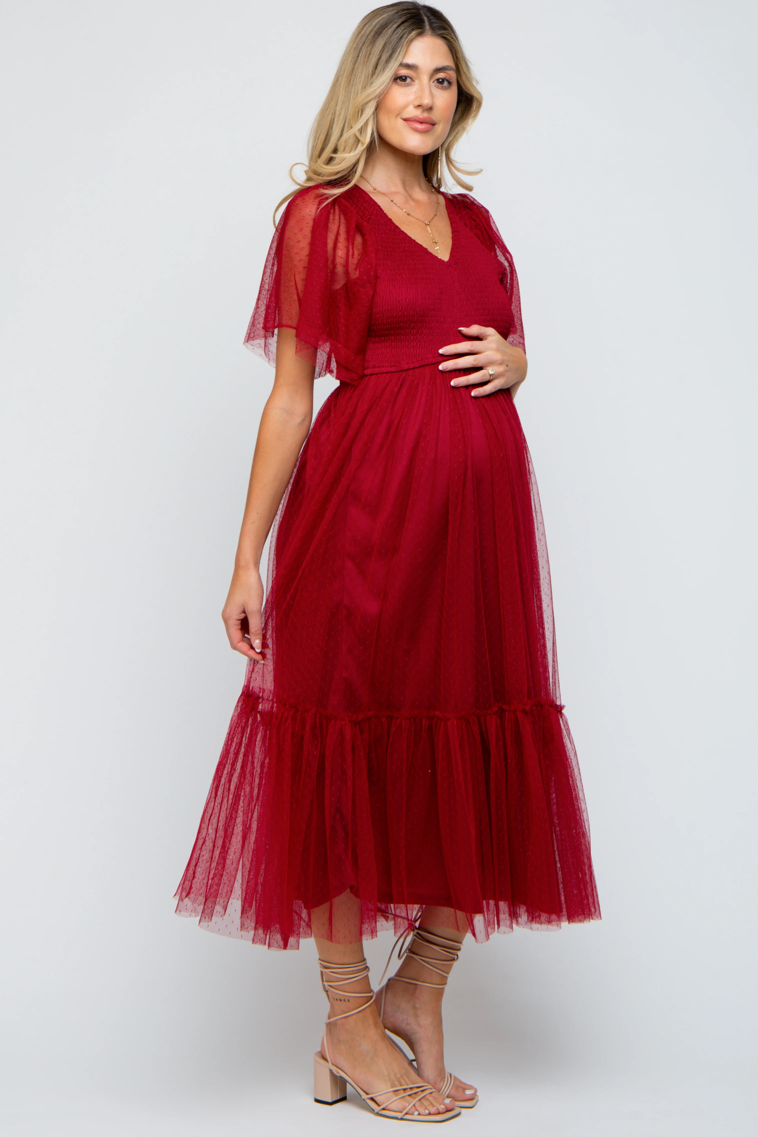 Burgundy Dotted Tulle Smocked Maternity Midi Dress - Image 3