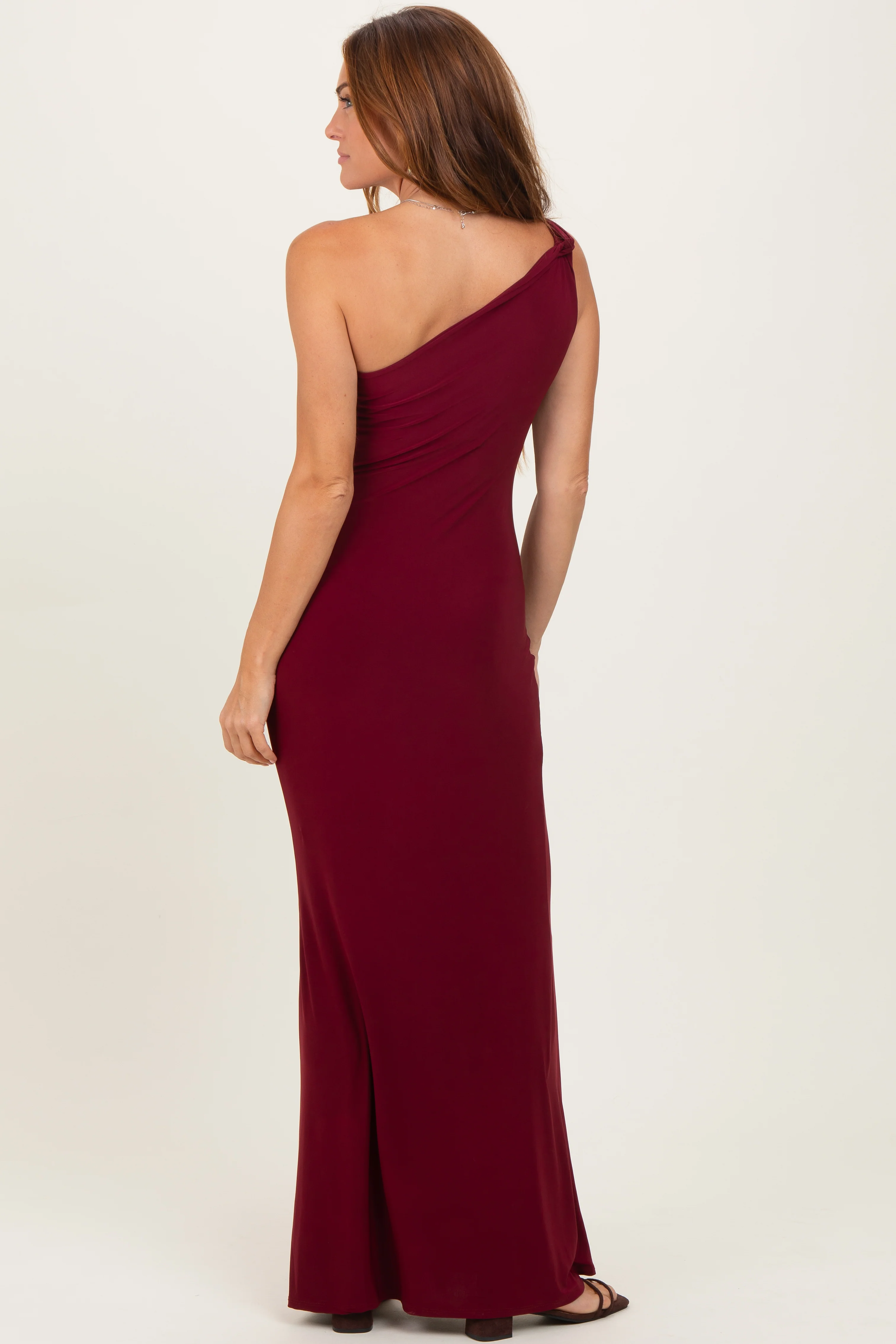 Burgundy Double Strap One Shoulder Maxi Dress - Image 4