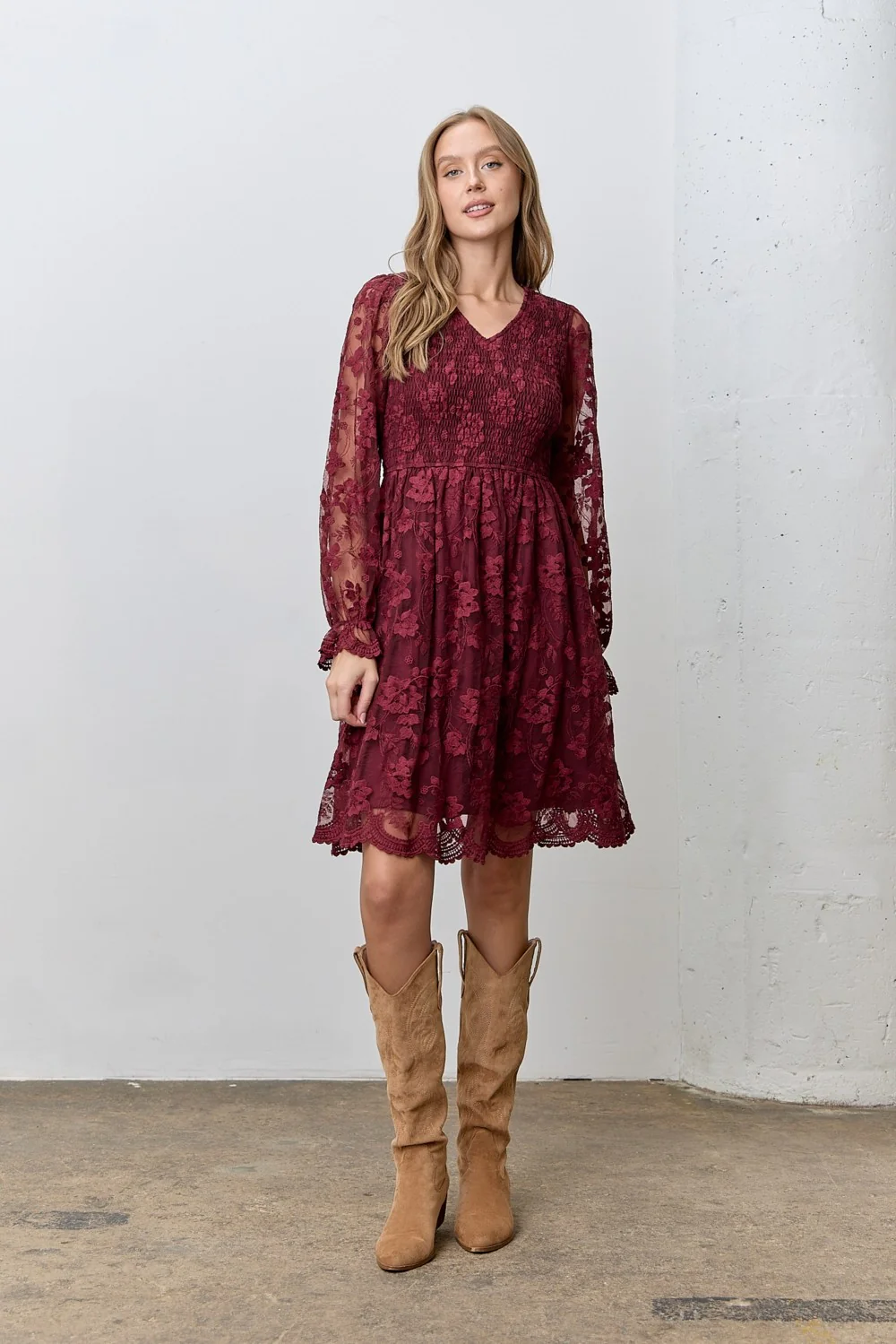 Burgundy Embroidered Lace Smocked Long Sleeve Maternity Dress - Image 6