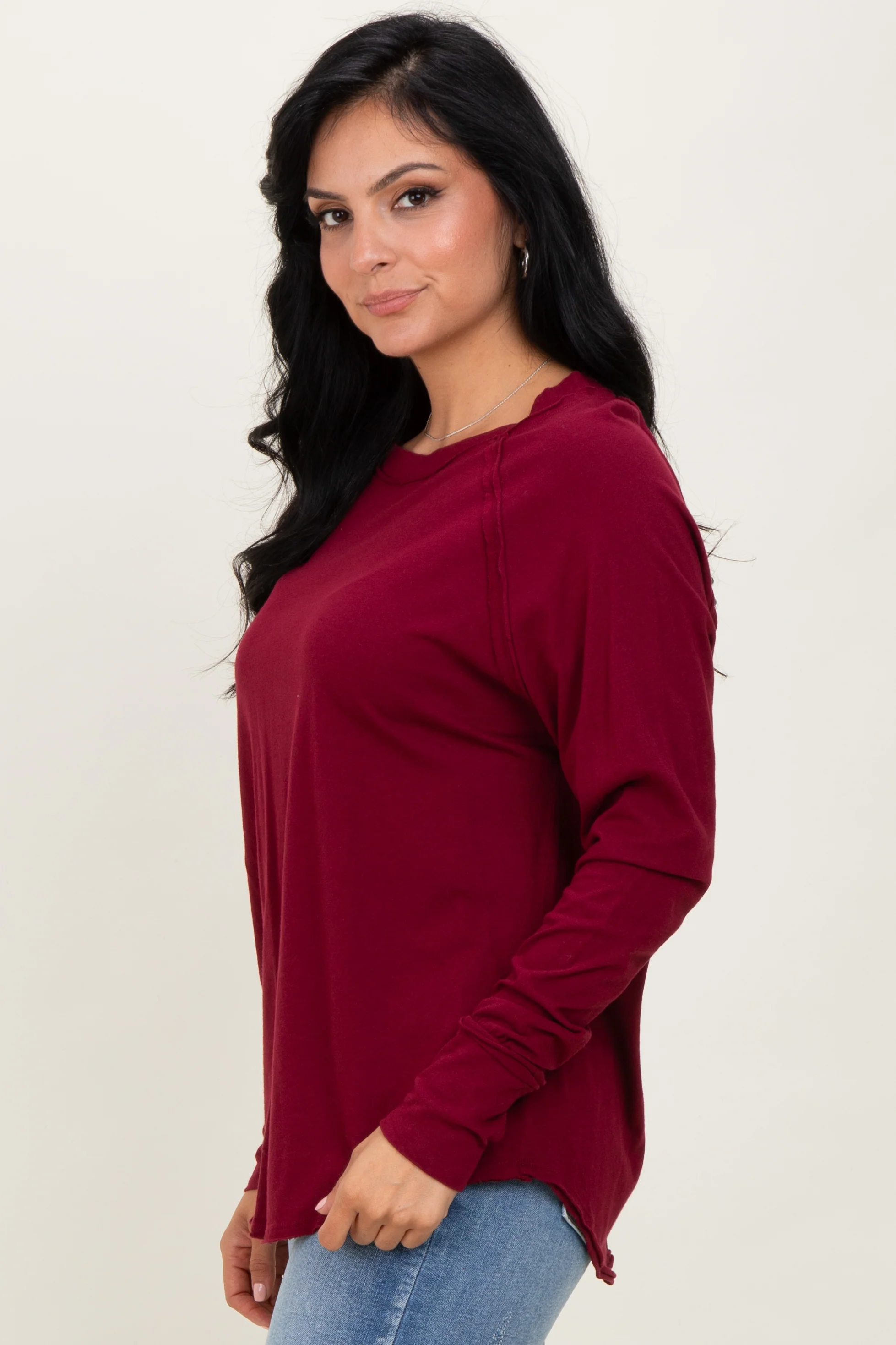 Burgundy Exposed Seam Long Sleeve Top - Image 3