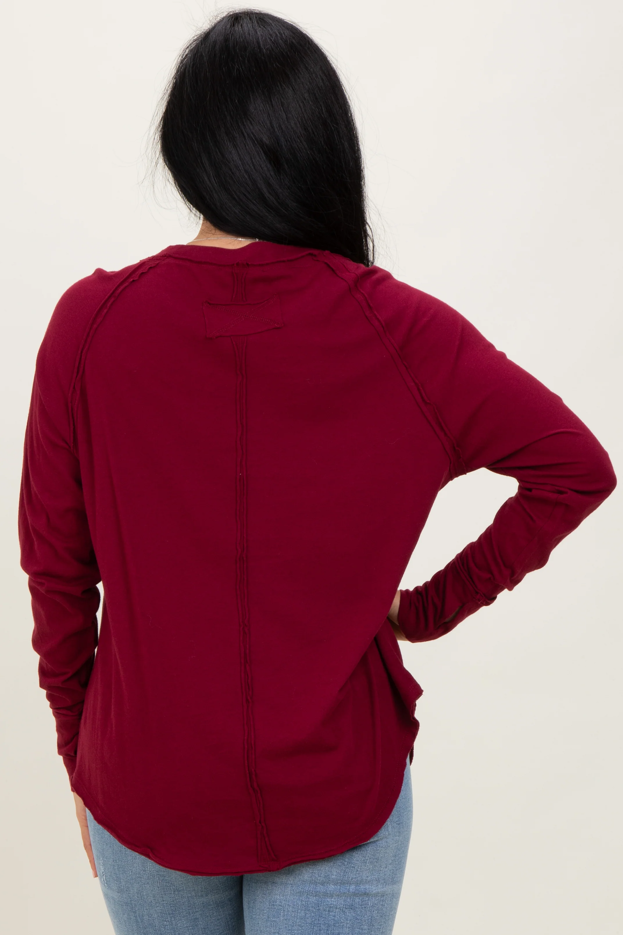 Burgundy Exposed Seam Long Sleeve Top - Image 4
