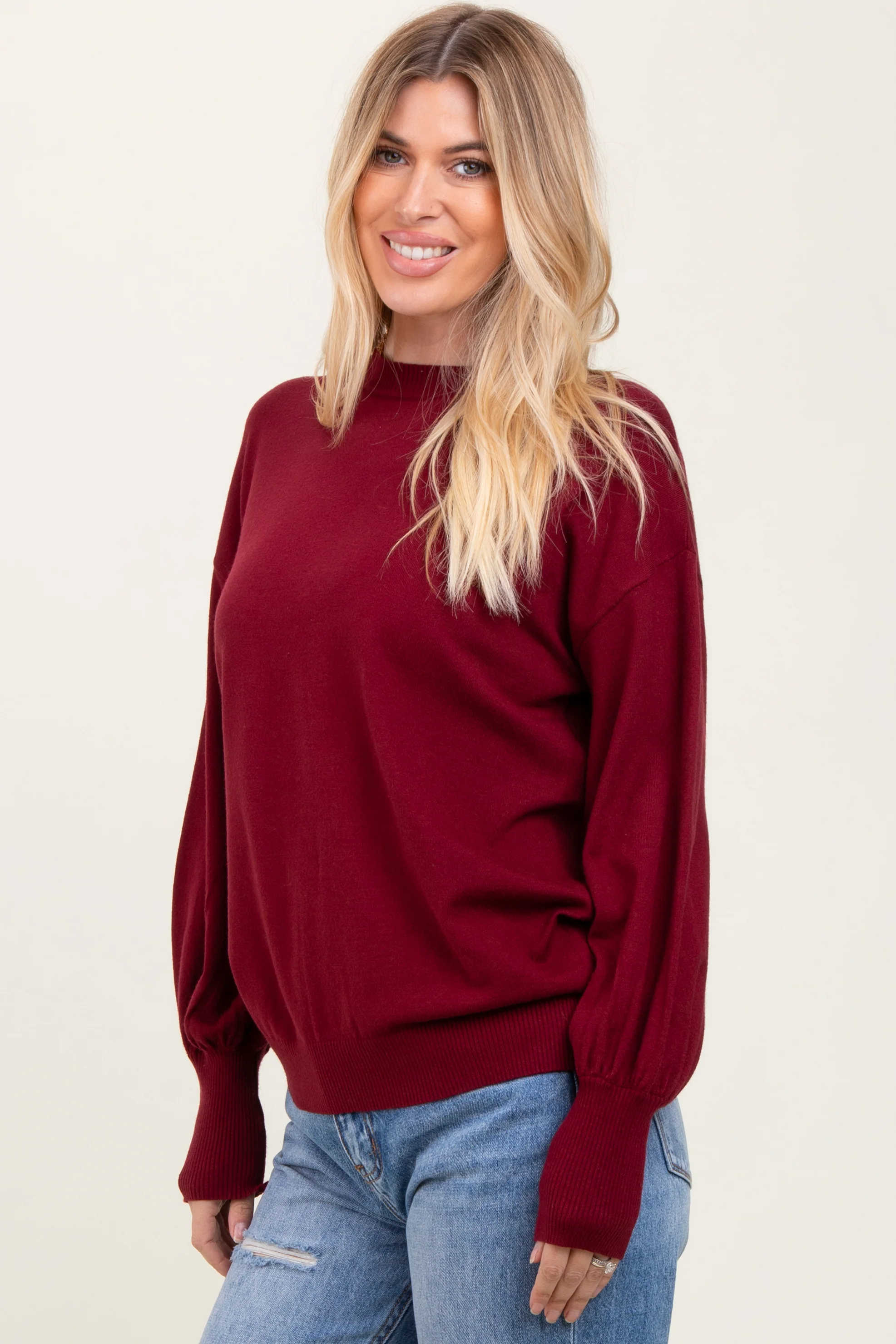 Burgundy Fine Knit Balloon Sleeve Sweater - Image 3