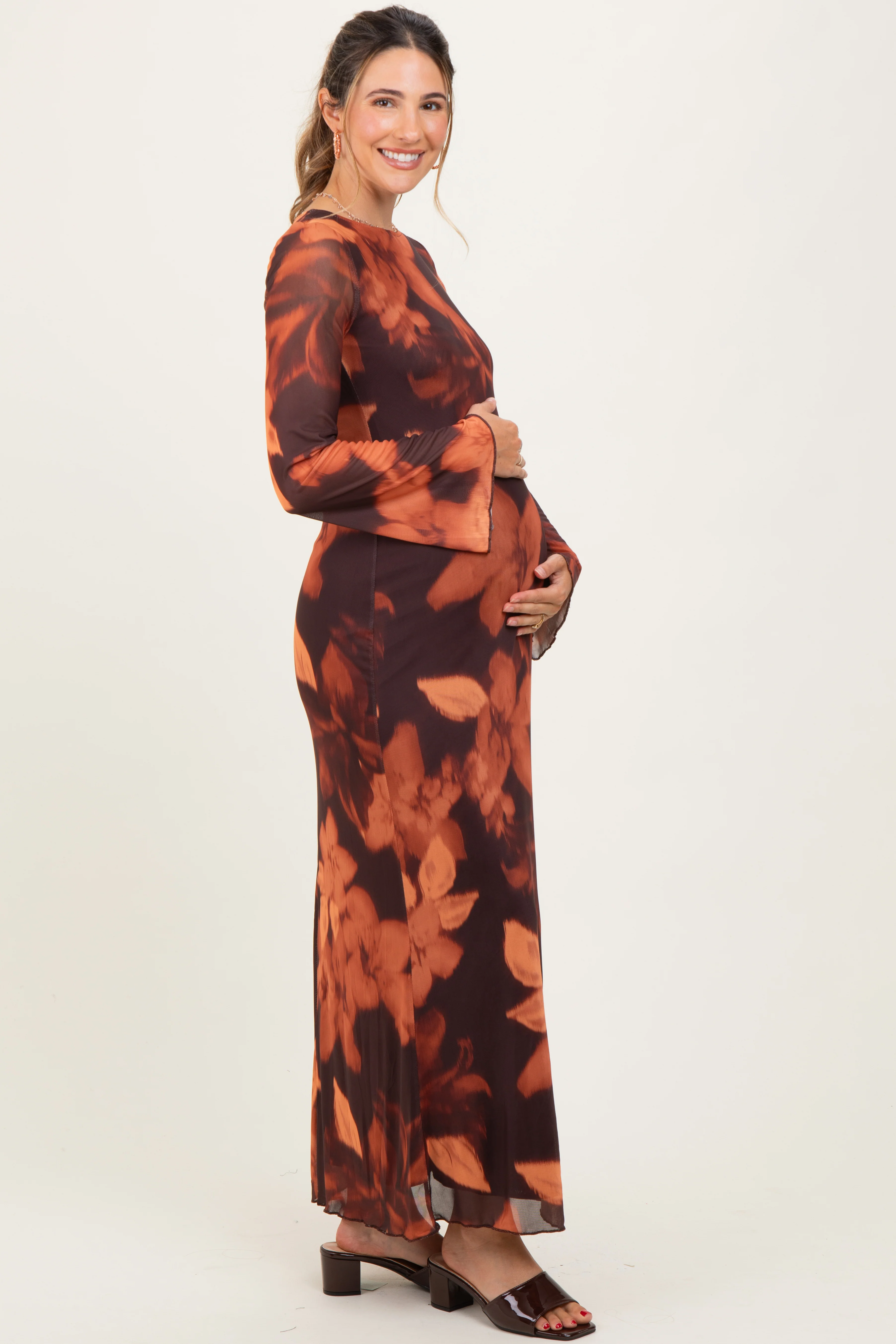 Burgundy Flora Mesh Overlay Maternity Maxi Dress - Image 3