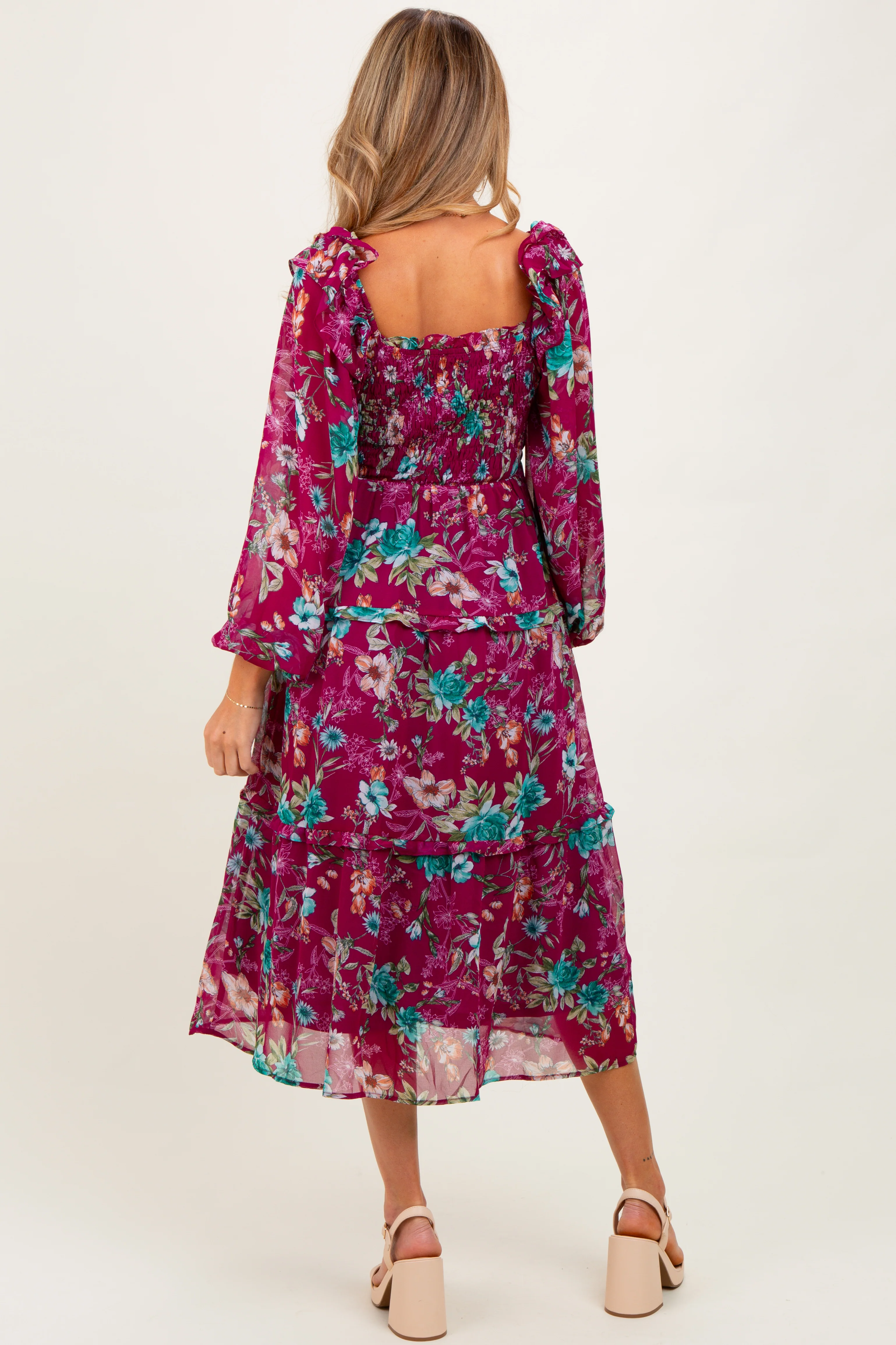 Burgundy Floral Chiffon Smocked Ruffle Tiered Maternity Midi Dress - Image 3