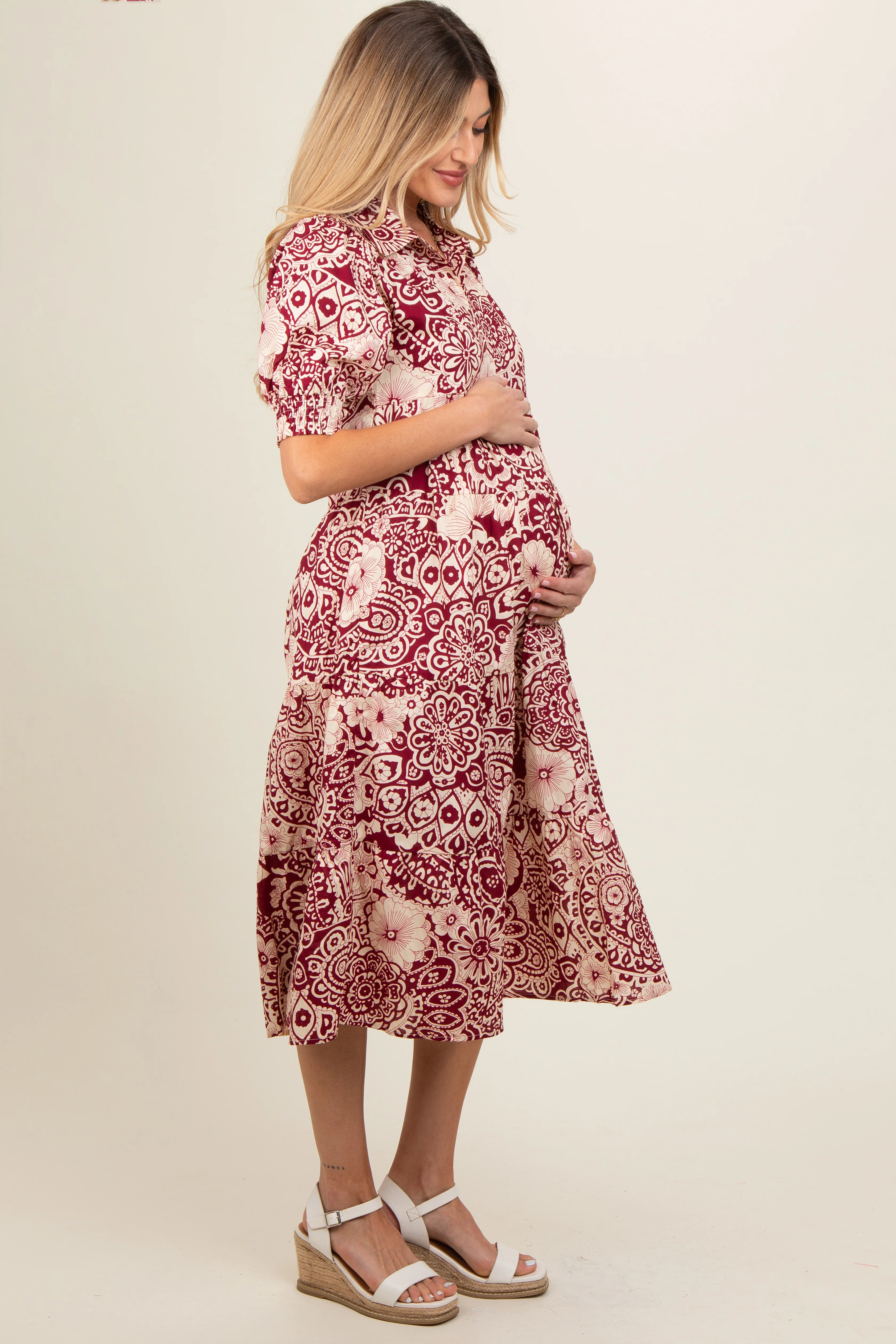 Burgundy Floral Collared Tiered Maternity Midi Dress - Image 3