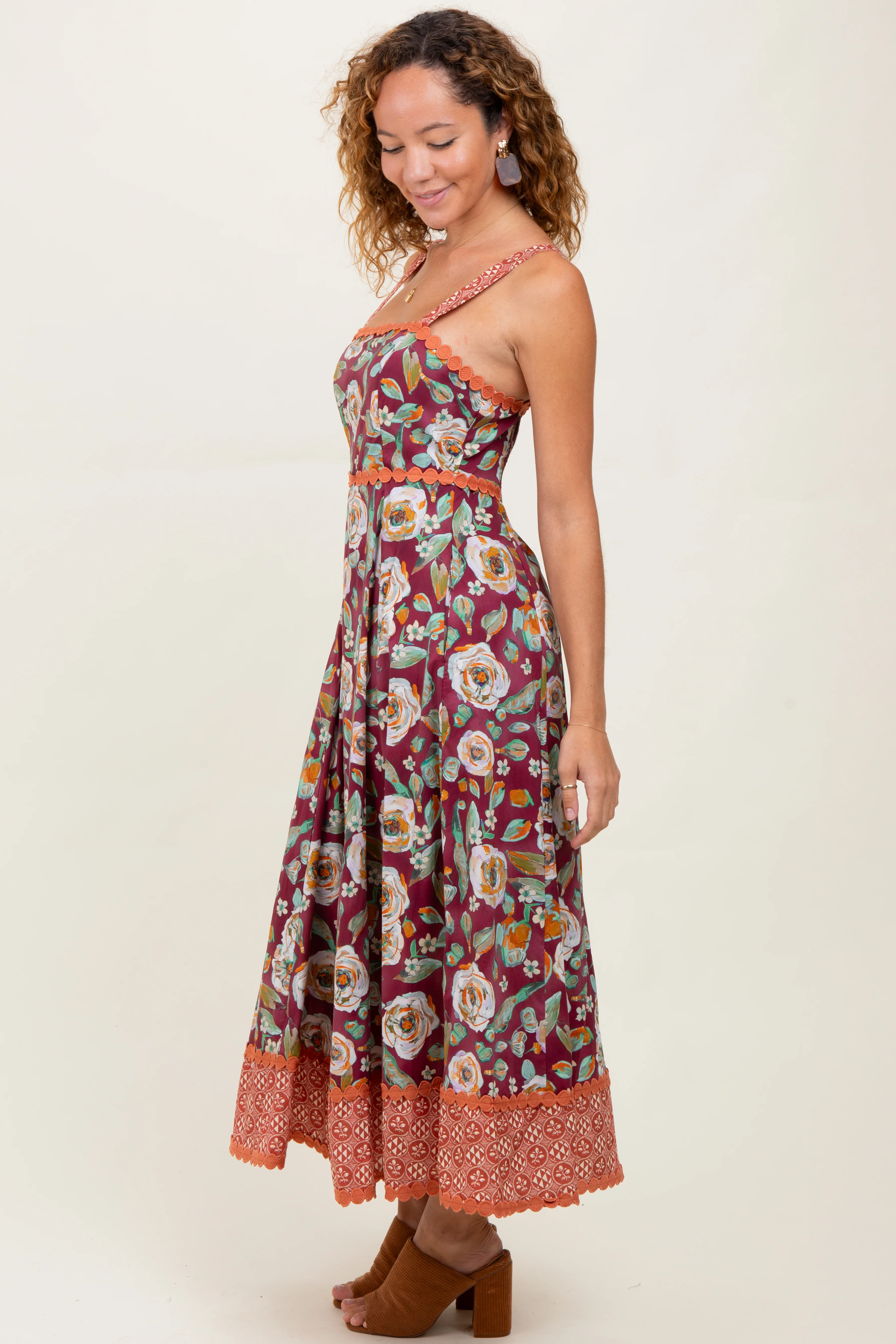 Burgundy Floral Contrast Print Sleeveless Midi Dress - Image 3