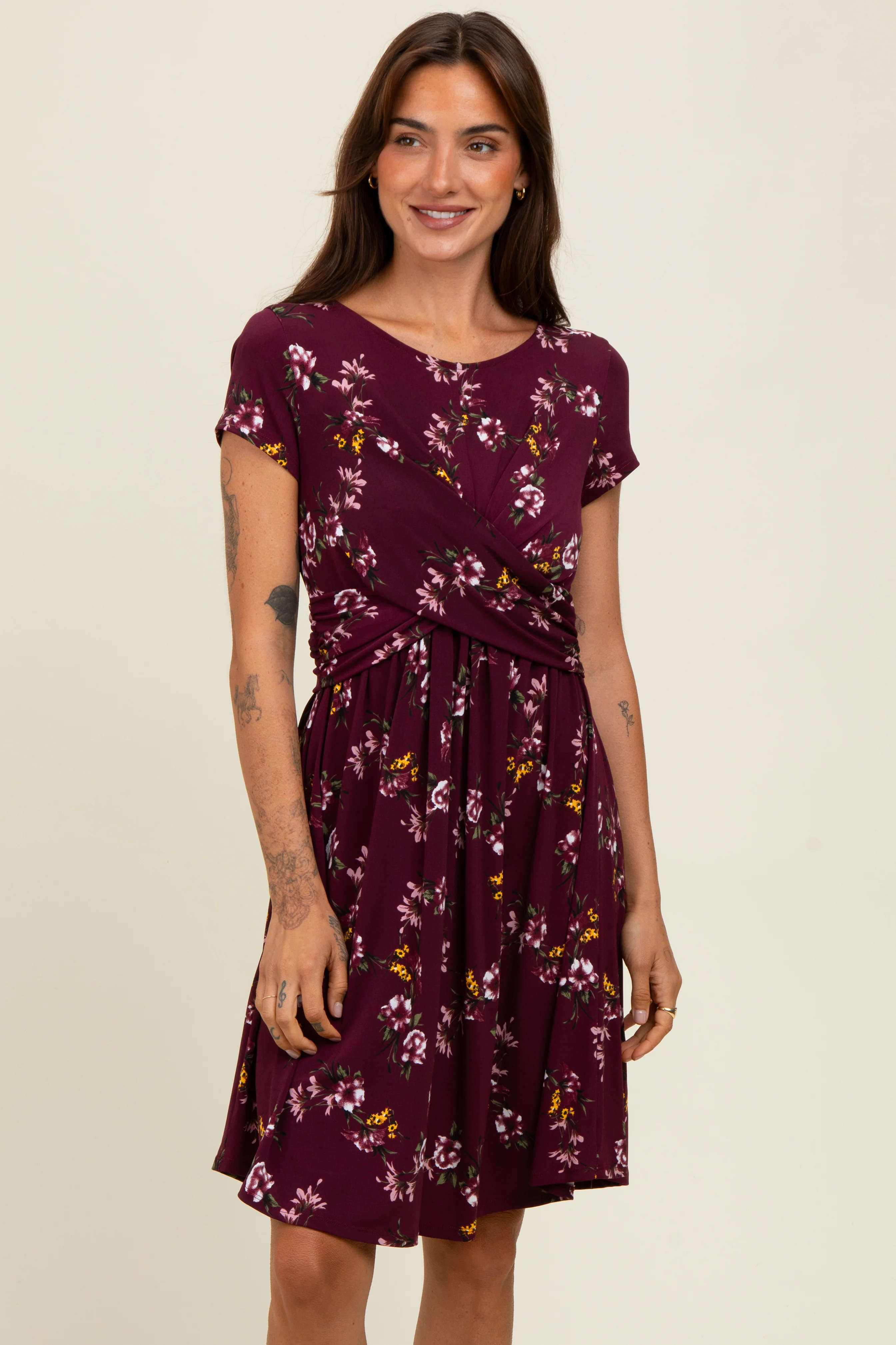 Burgundy Floral Crossover Front Maternity Dress - Image 4