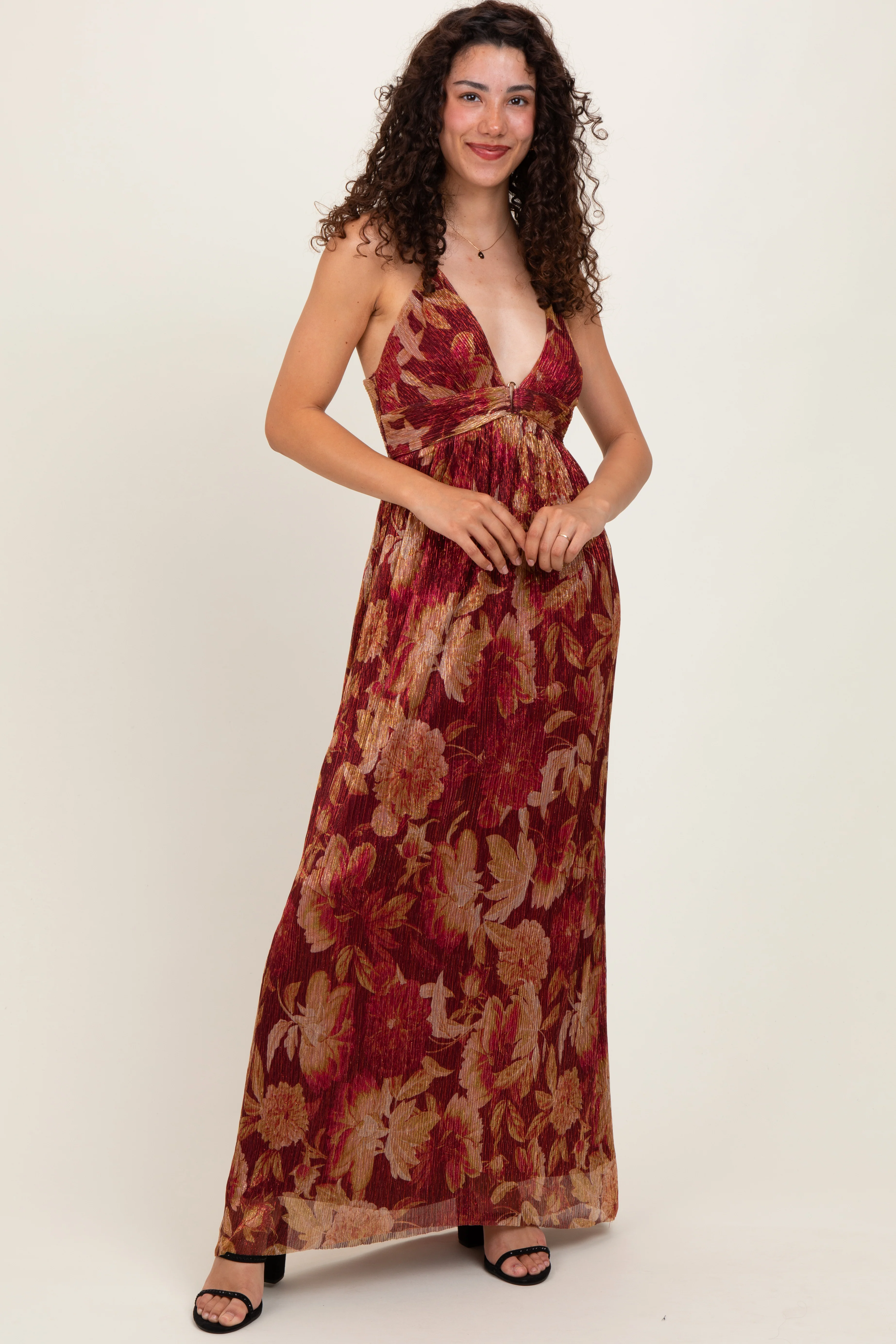 Burgundy Floral Deep V-Neck Back Cutout Maternity Maxi Dress - Image 5