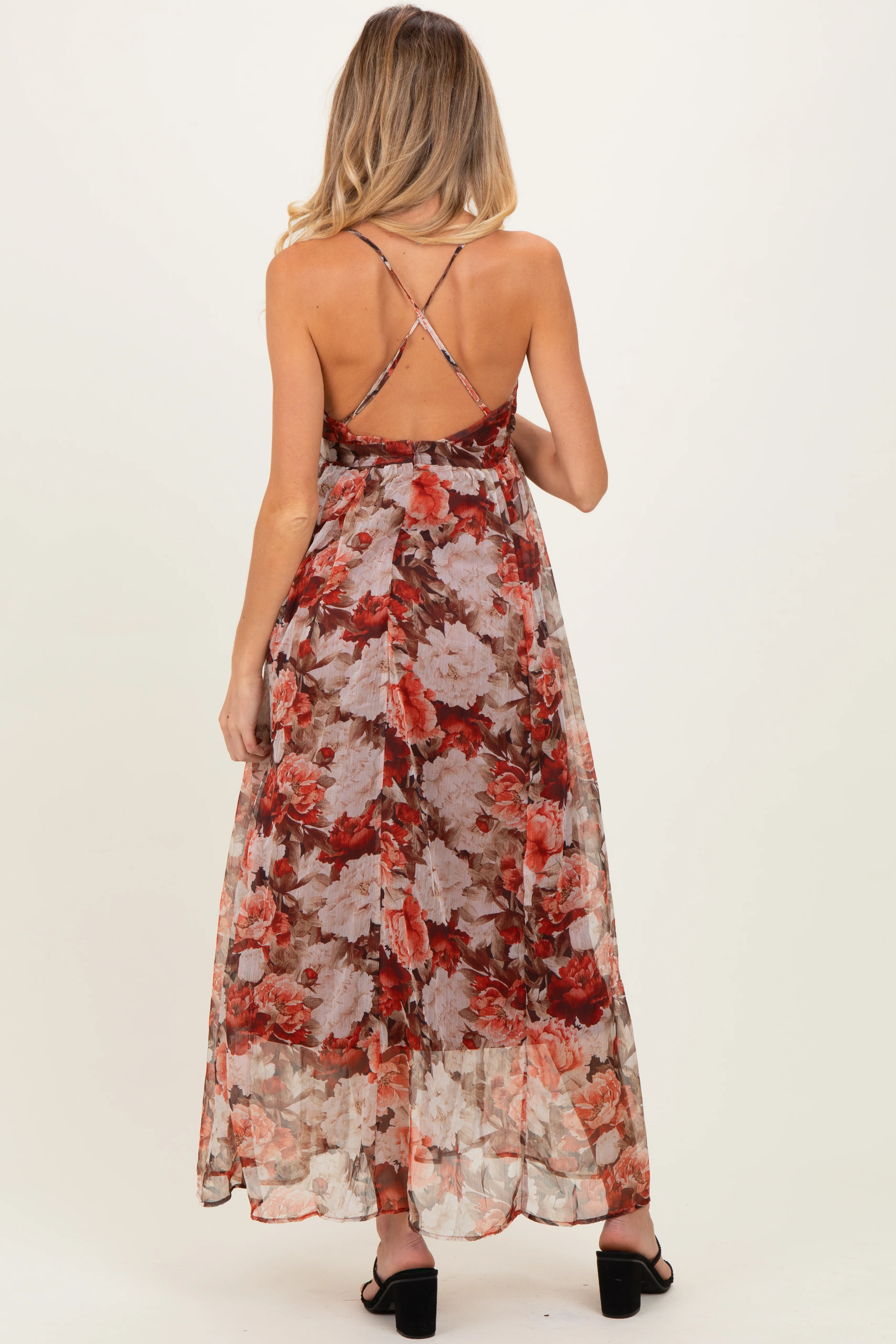 Burgundy Floral Deep V-Neck Open Back Maternity Maxi Dress - Image 4