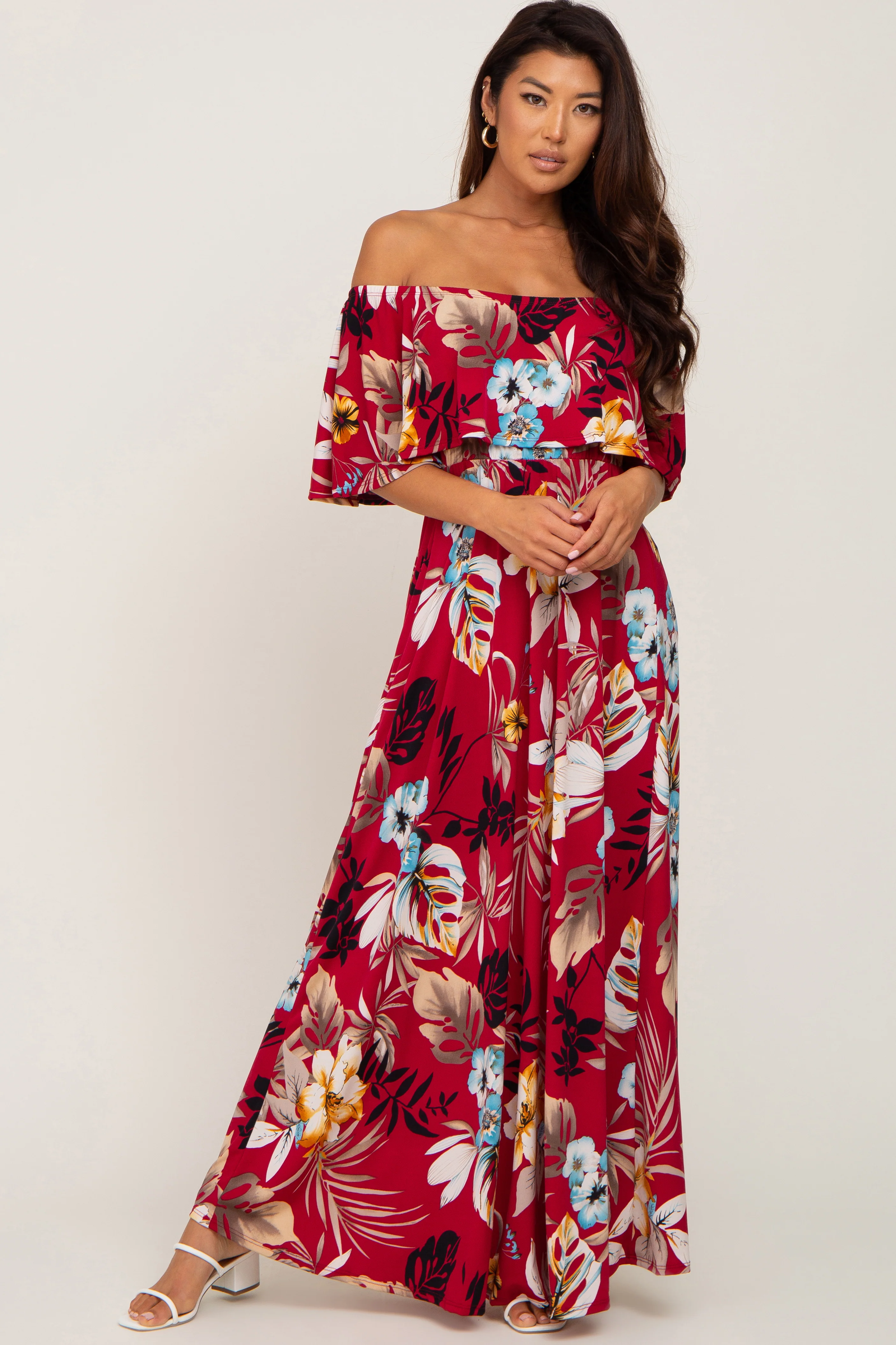 Burgundy Floral Flounce Off Shoulder Maternity Maxi Dress - Image 5